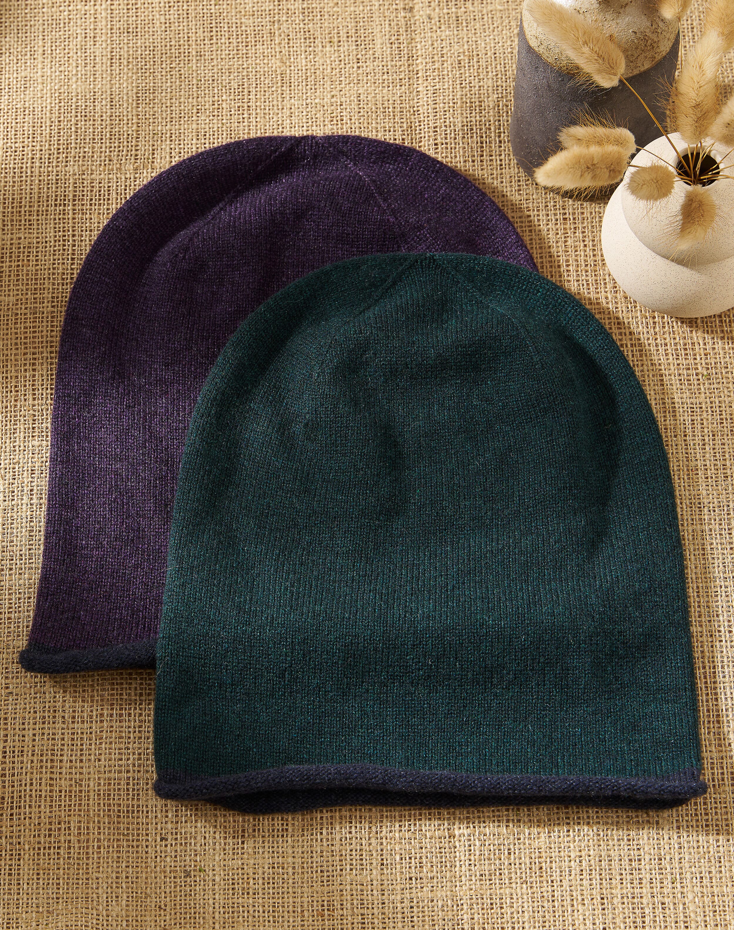 Brora Cashmere Contrast Trim Slouchy Hat Pine