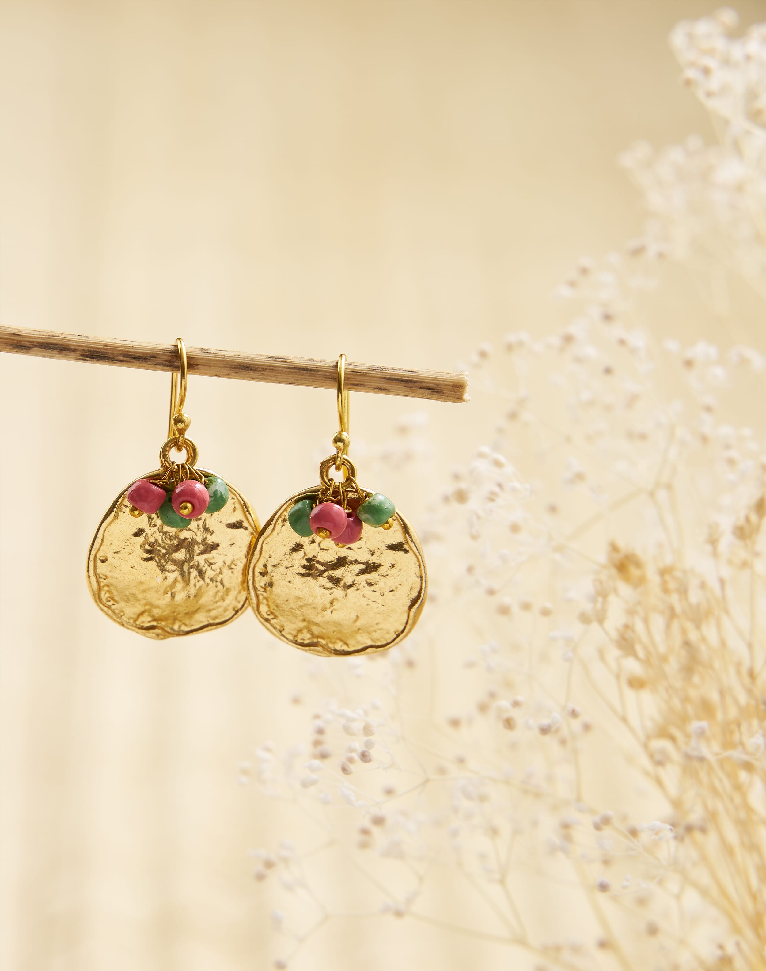 Gold Hammered Disc Earrings Rhubarb & jade