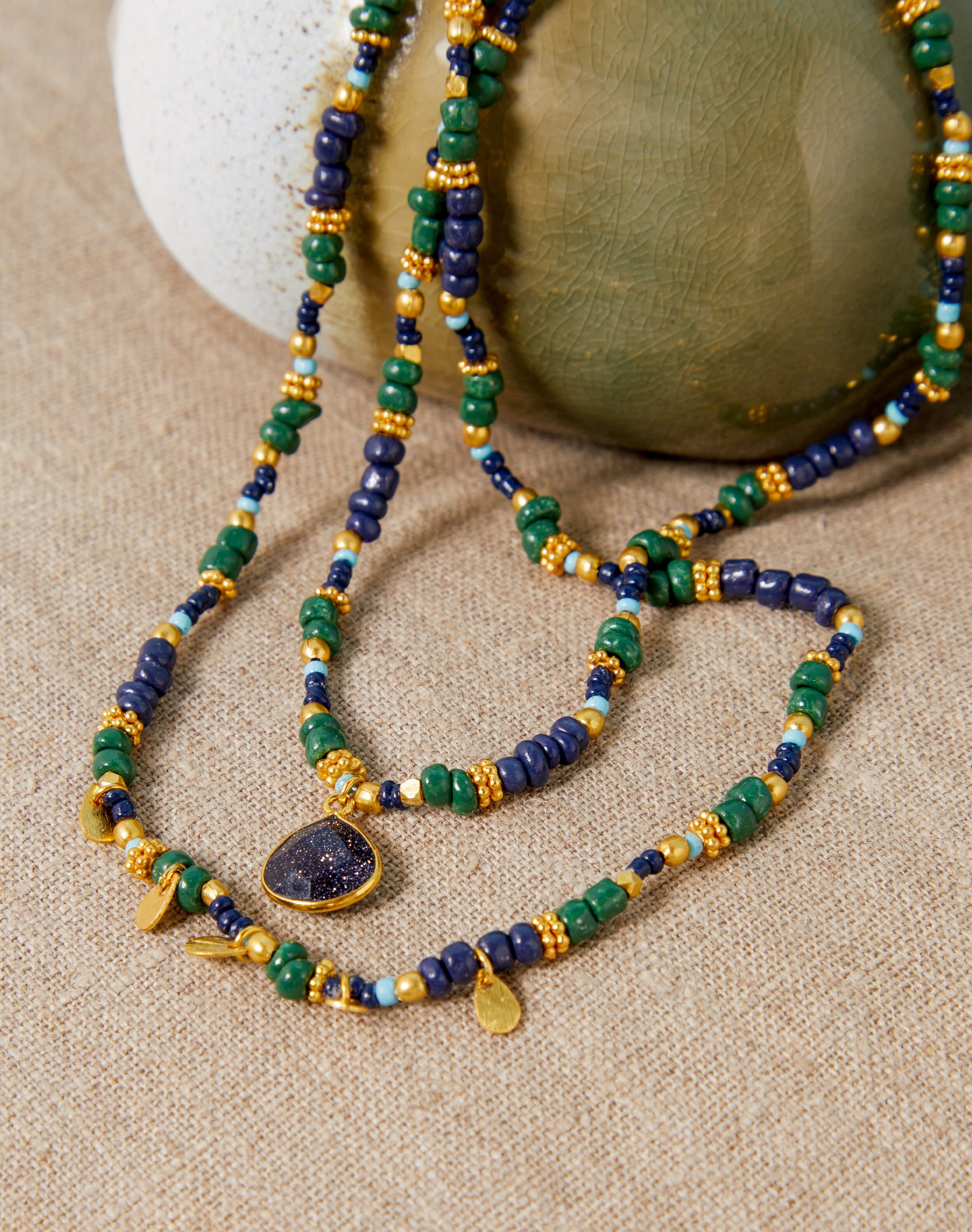 Beaded Sunstone Pendant Necklace Gold & sapphire