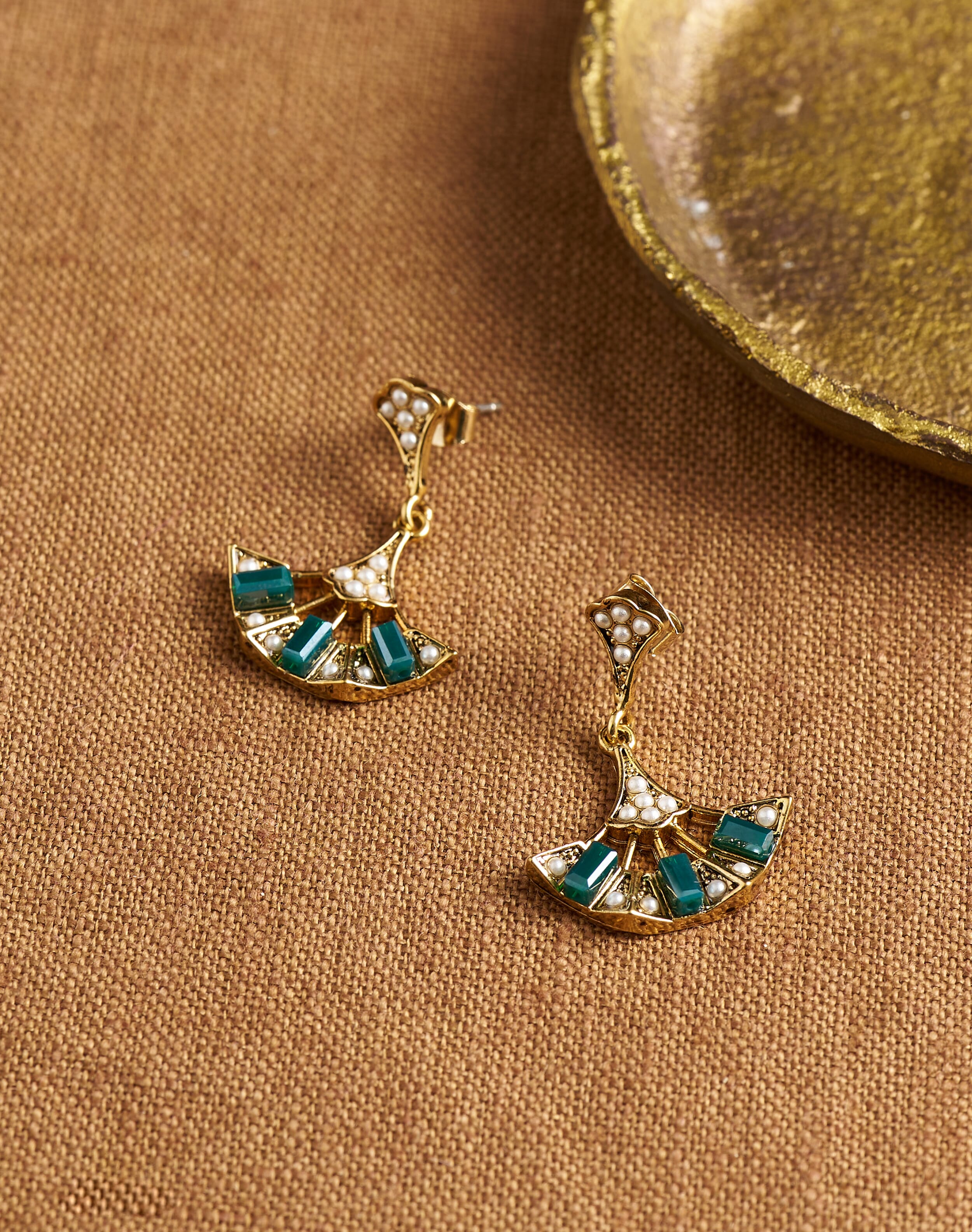 Antique Fan Drop Earrings Gold teal