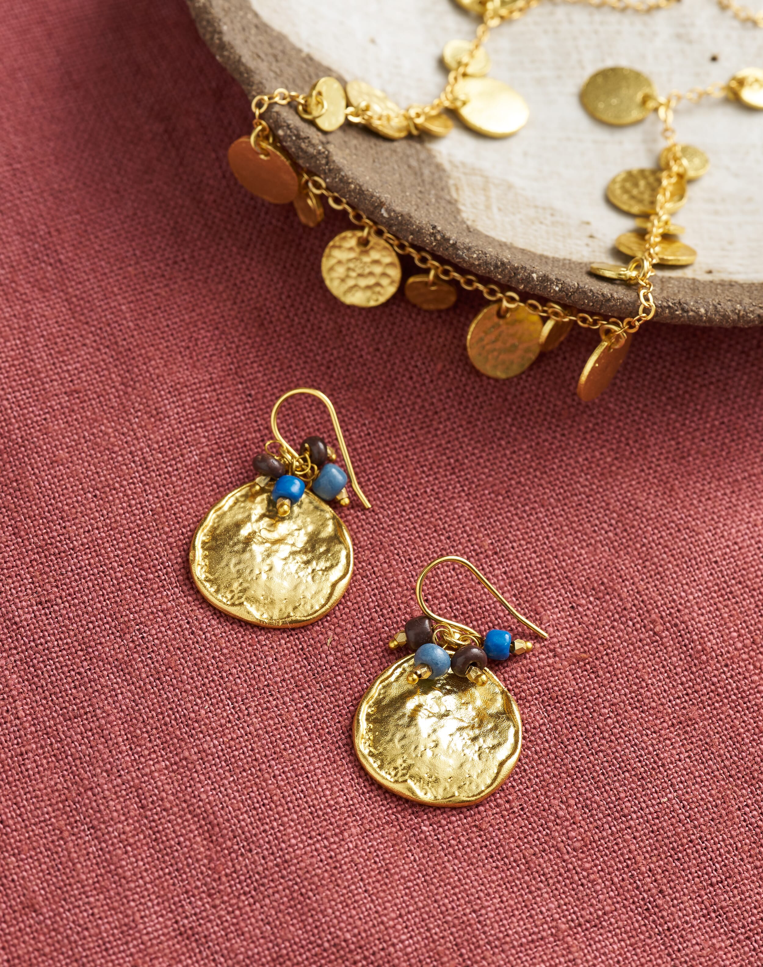 Gold Hammered Disc Earrings Gold lapis