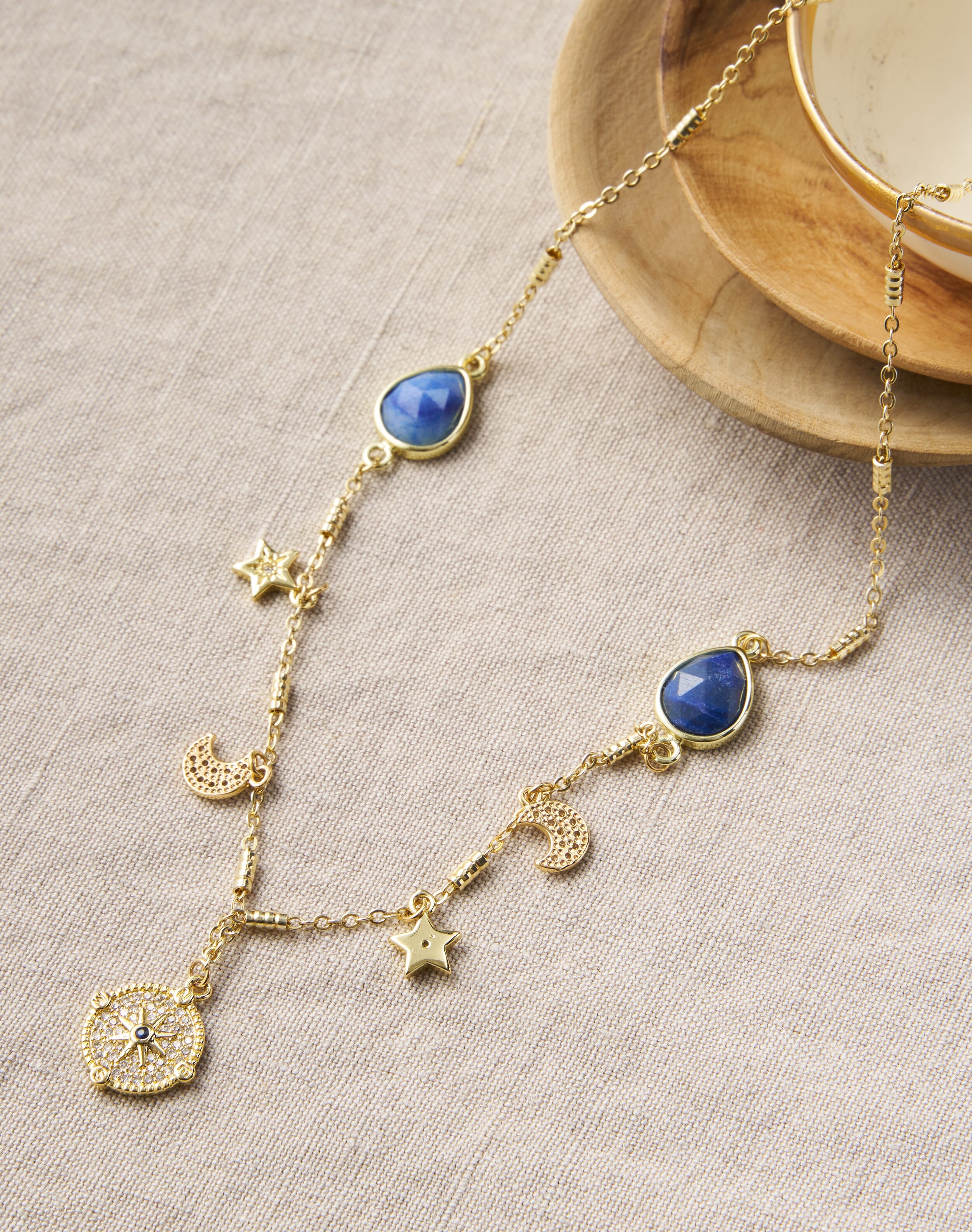 Brora Agate & Crystal Charm Necklace Gold & denim