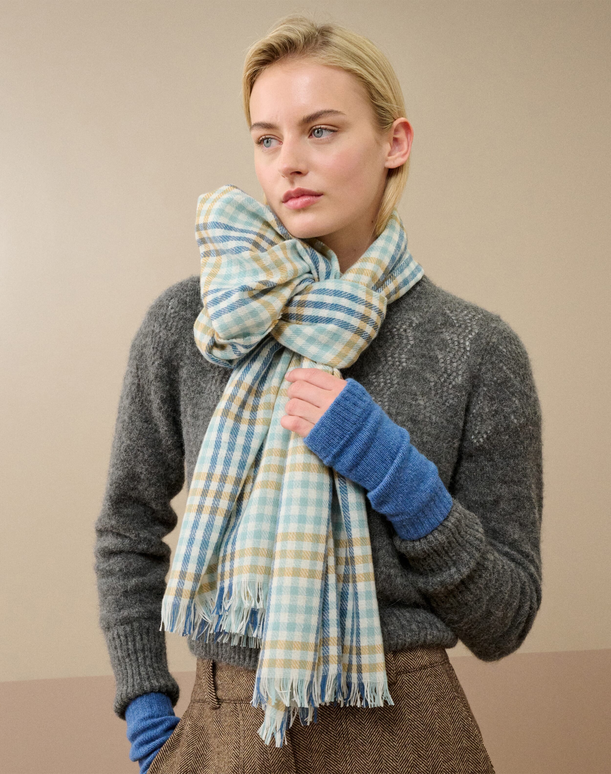 Brora Cashmere Checked Chartouche Seaspray & catkin