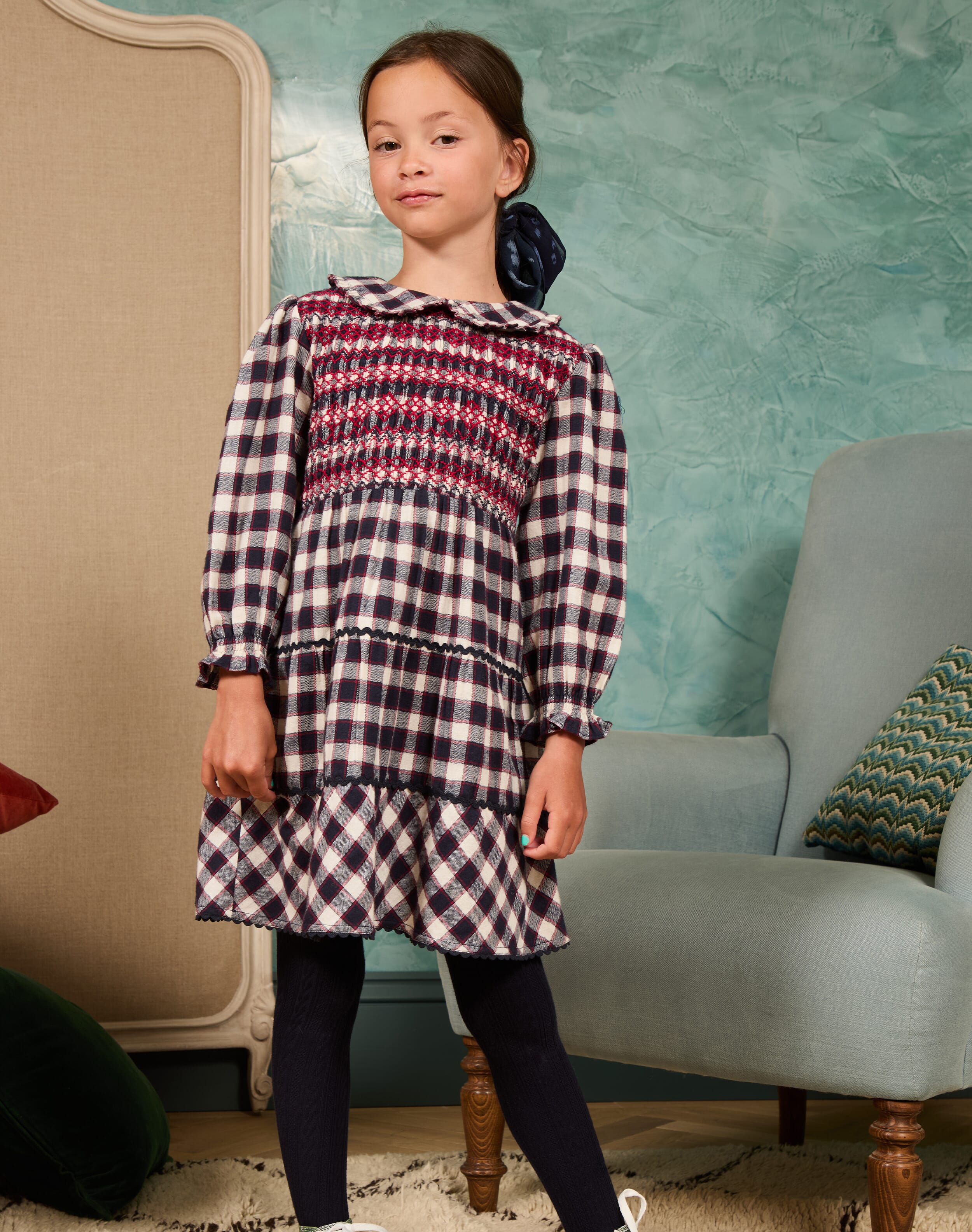 Brora Brushed Cotton Check Smocked Dress ruby