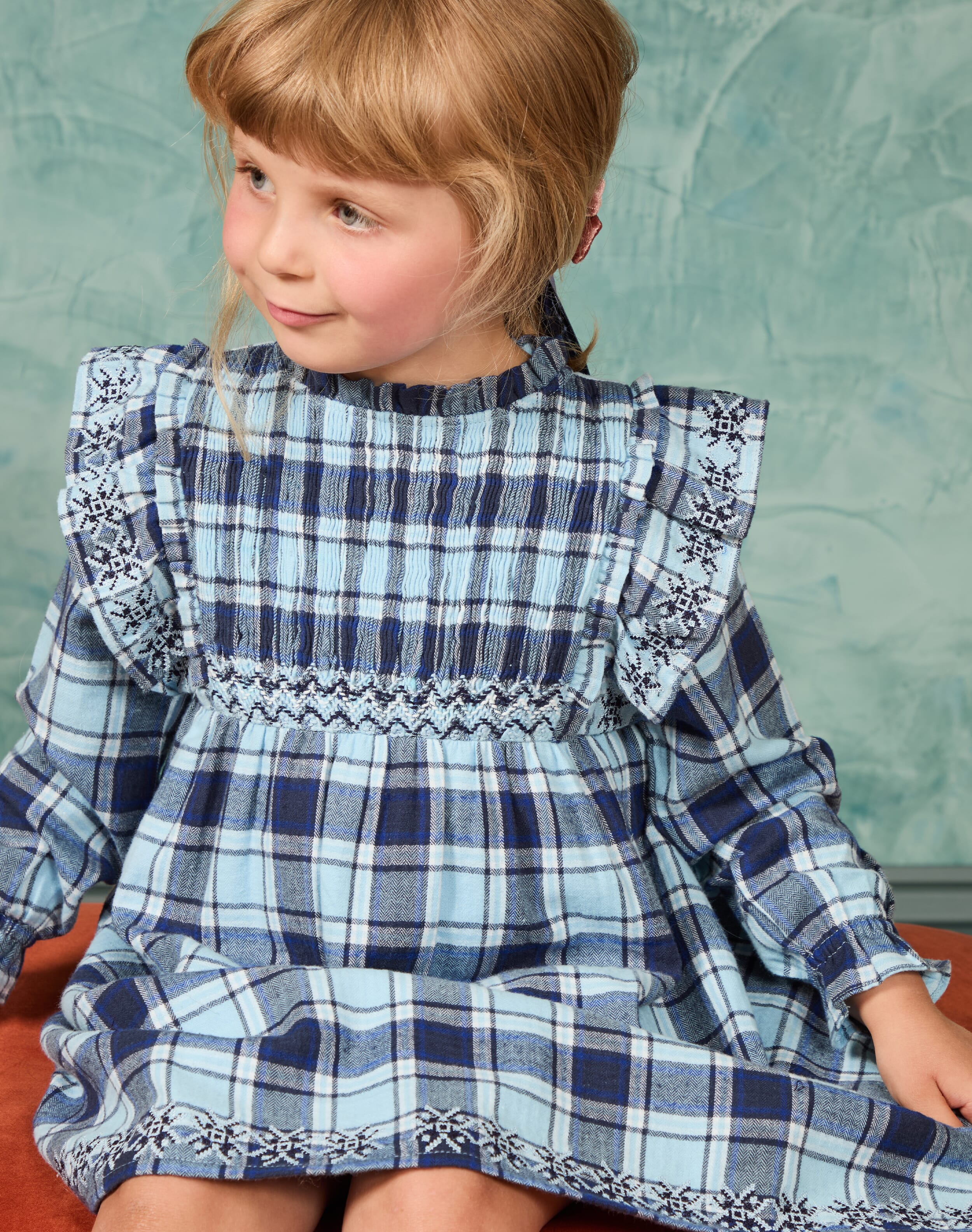 Brora Brushed Cotton Check Dress Sky &