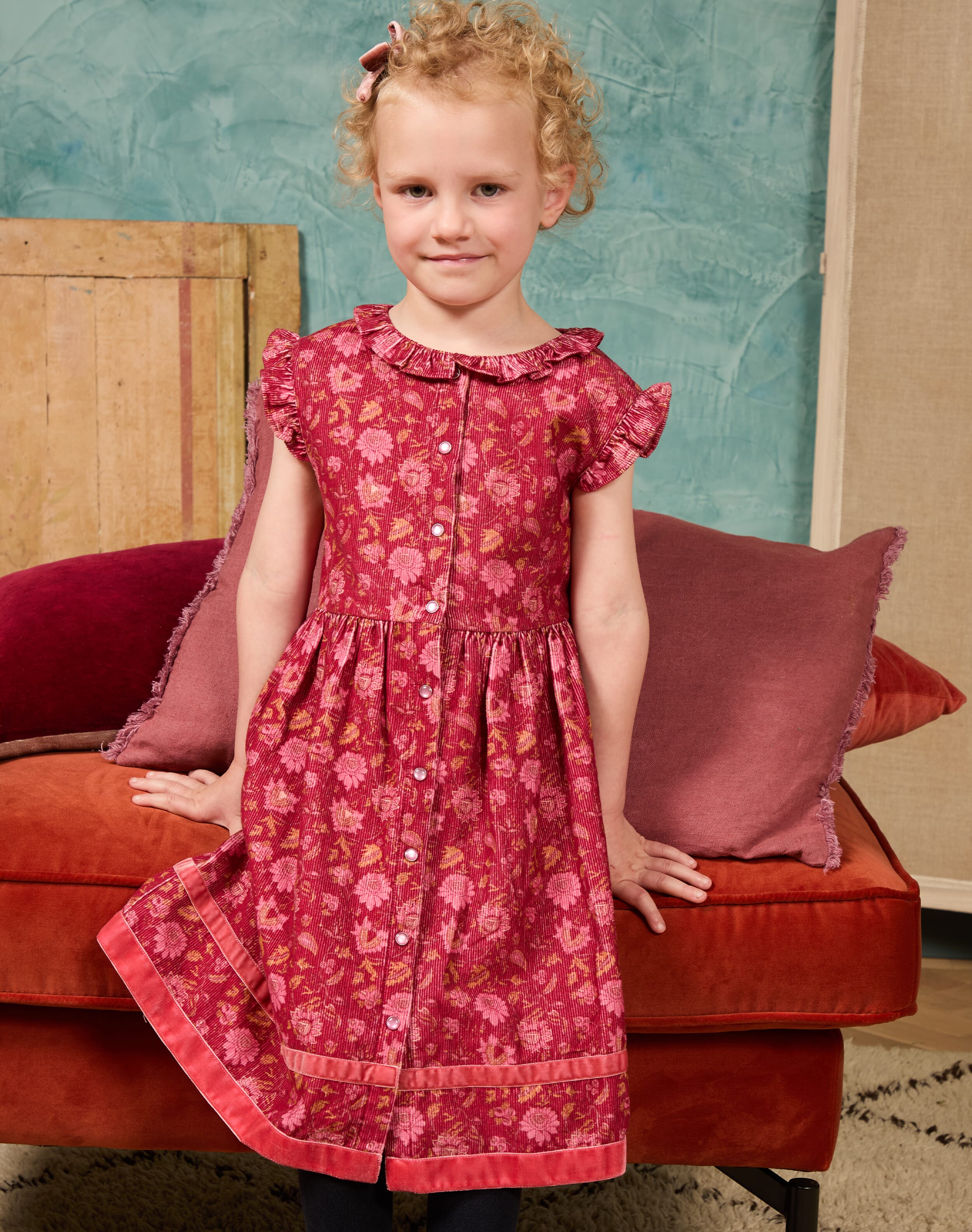 Needlecord Floral Block Print Pinafore Damson rose