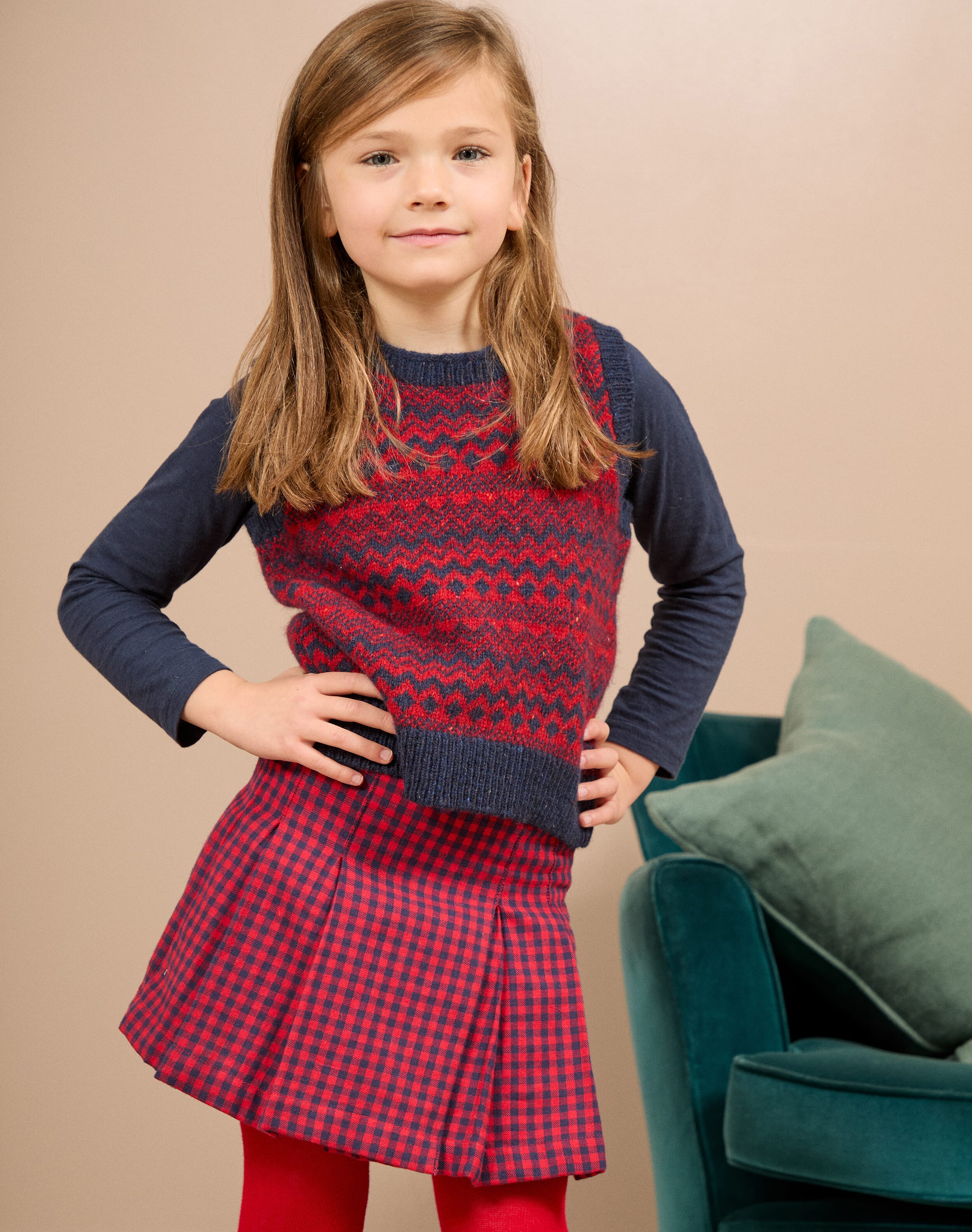Brora Brushed Cotton Gingham Kilt Navy & redcurrant