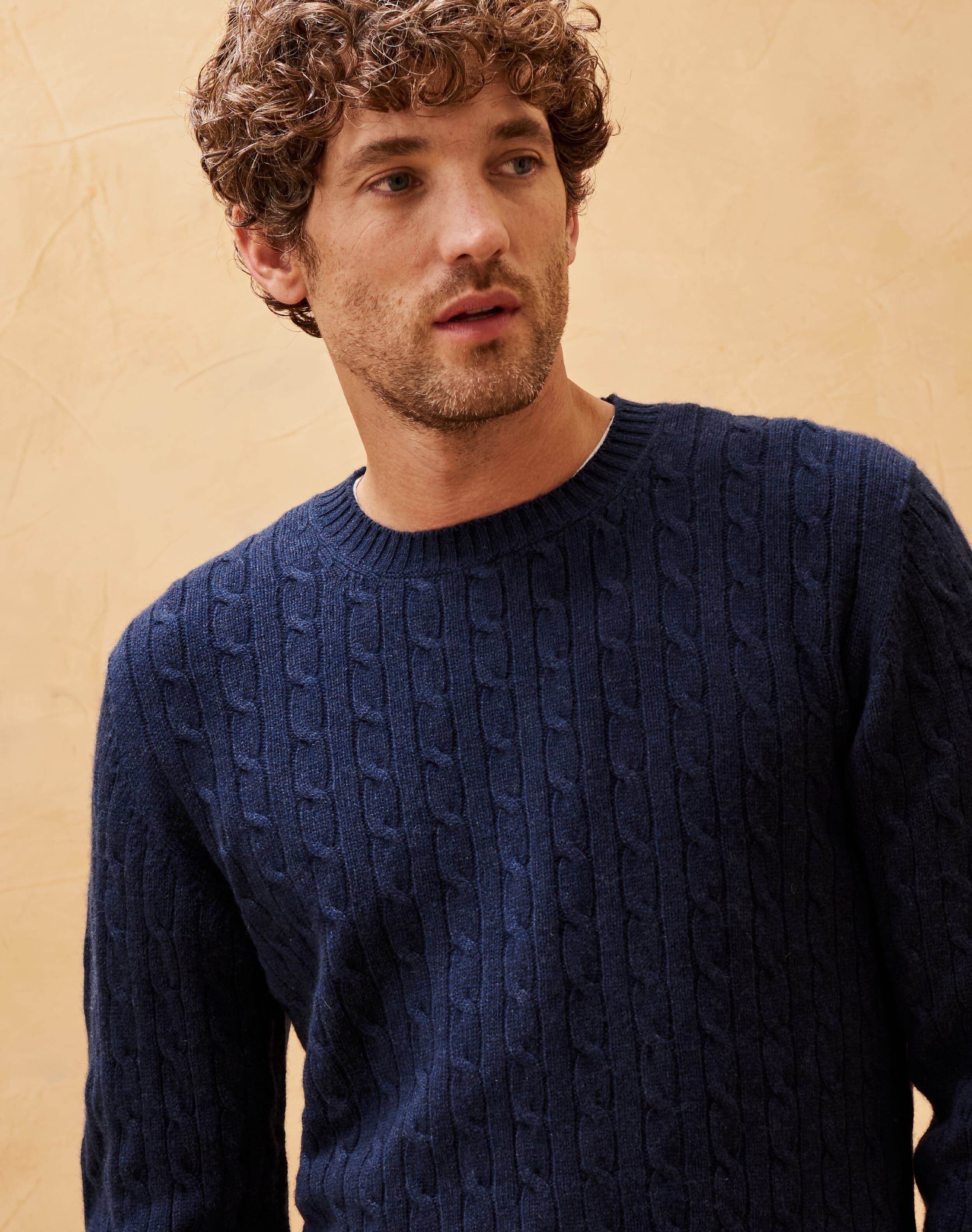 French Navy Cashmere Cable Knit Jumper | Men's Jumpers | Brora