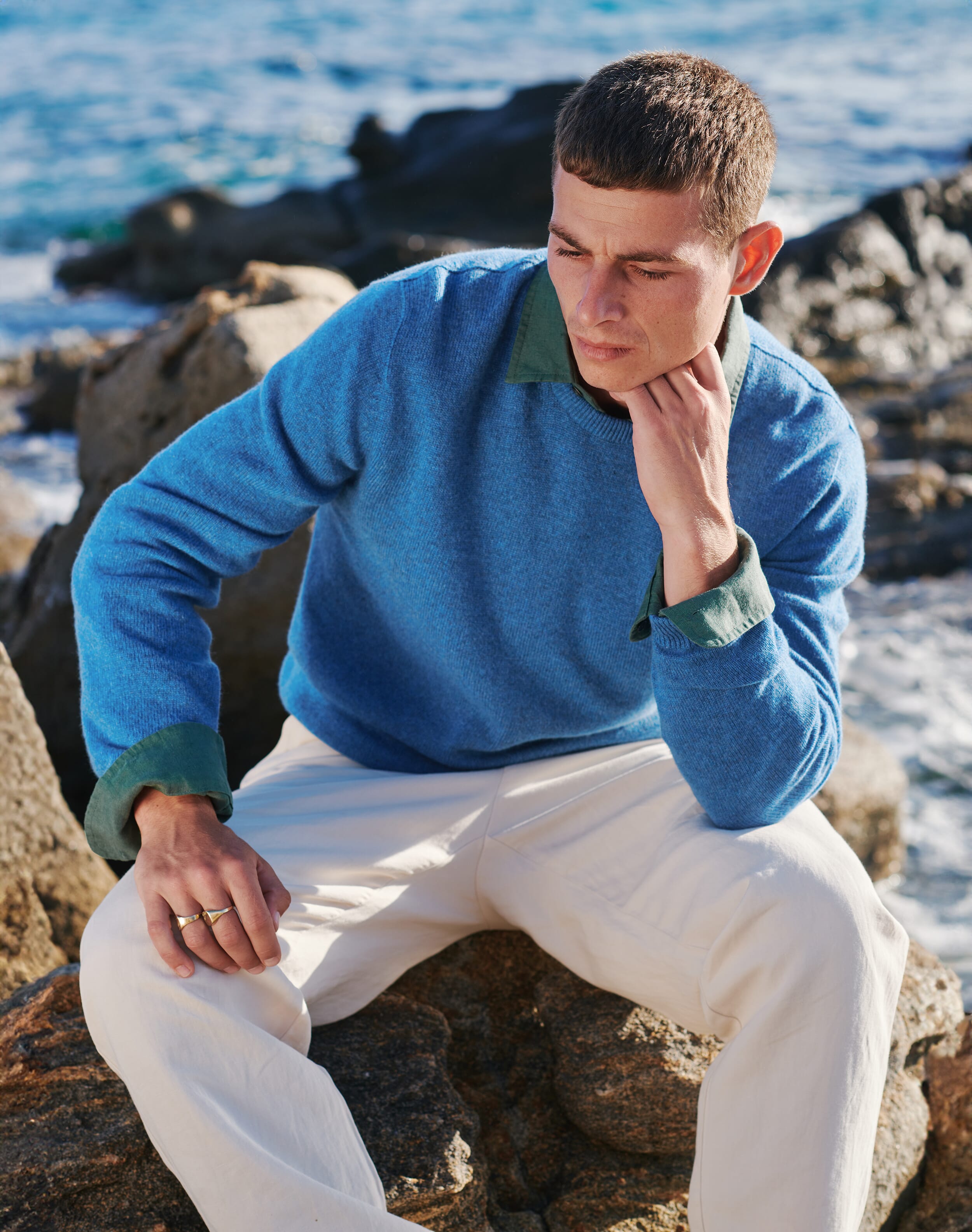 Brora Cashmere Classic Round Neck Jumper Delft  - Size: S