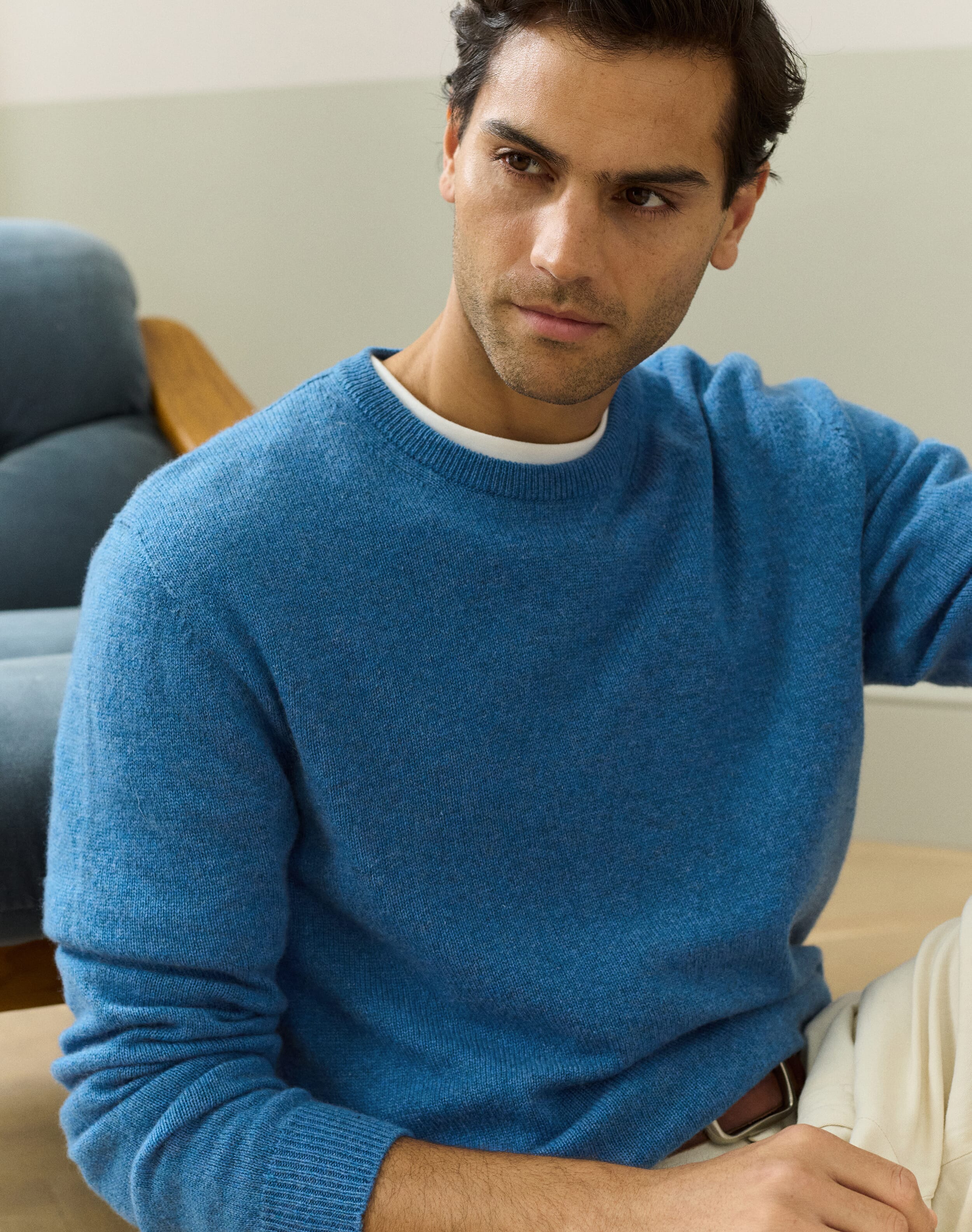 Roll Neck Mens Bright Blue Jumpers Blue Cashmere Round Neck Jumper