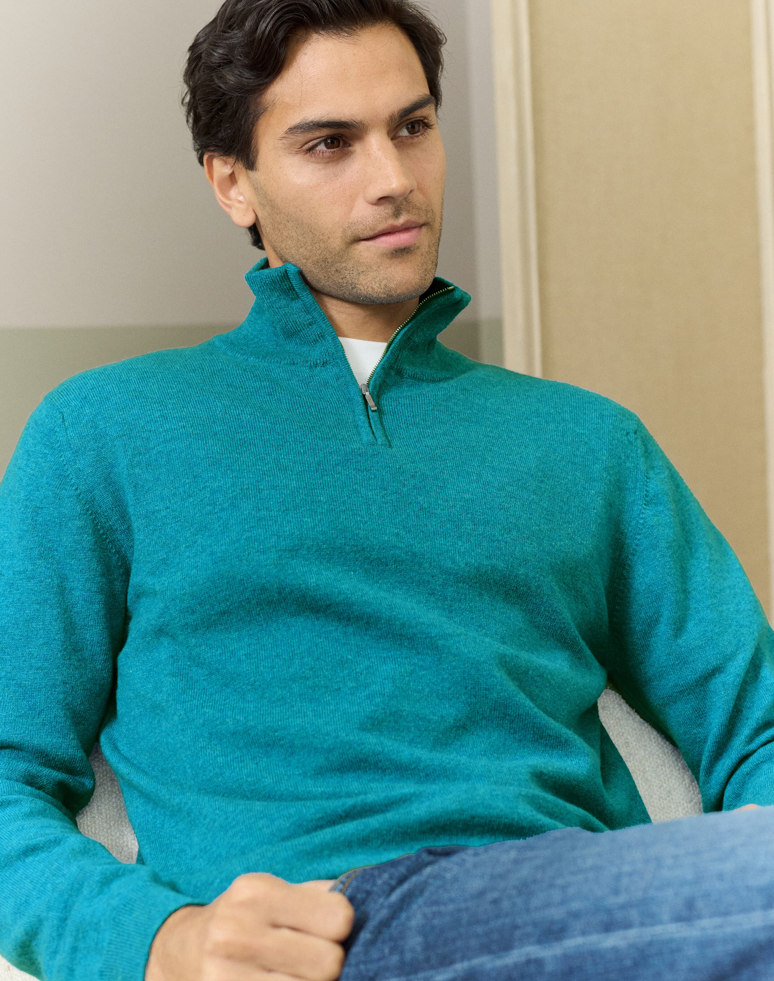 Brora Cashmere Zip Turtle Neck Jumper Kingfisher