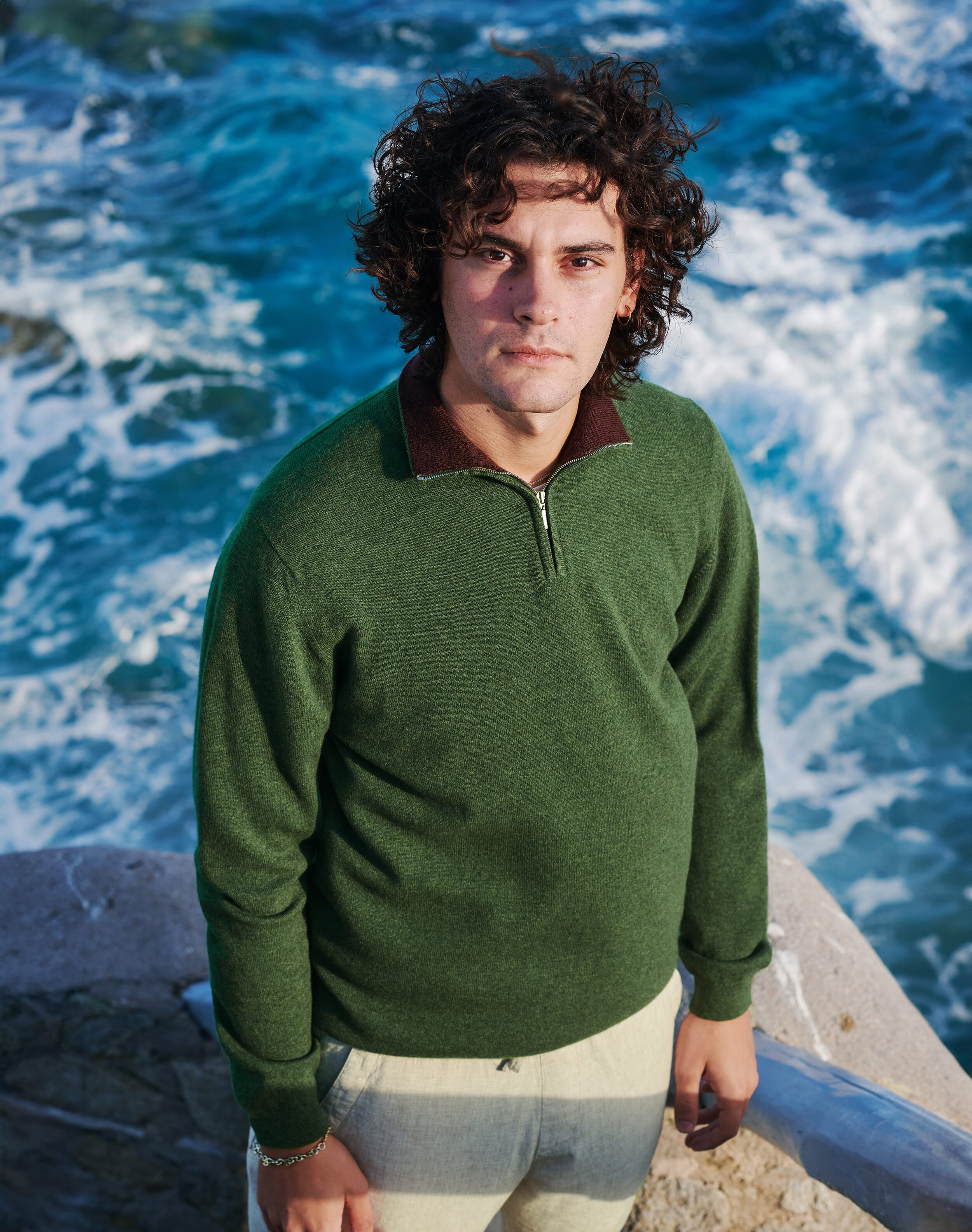 Brora Cashmere Zip Turtle Neck Jumper Tarragon