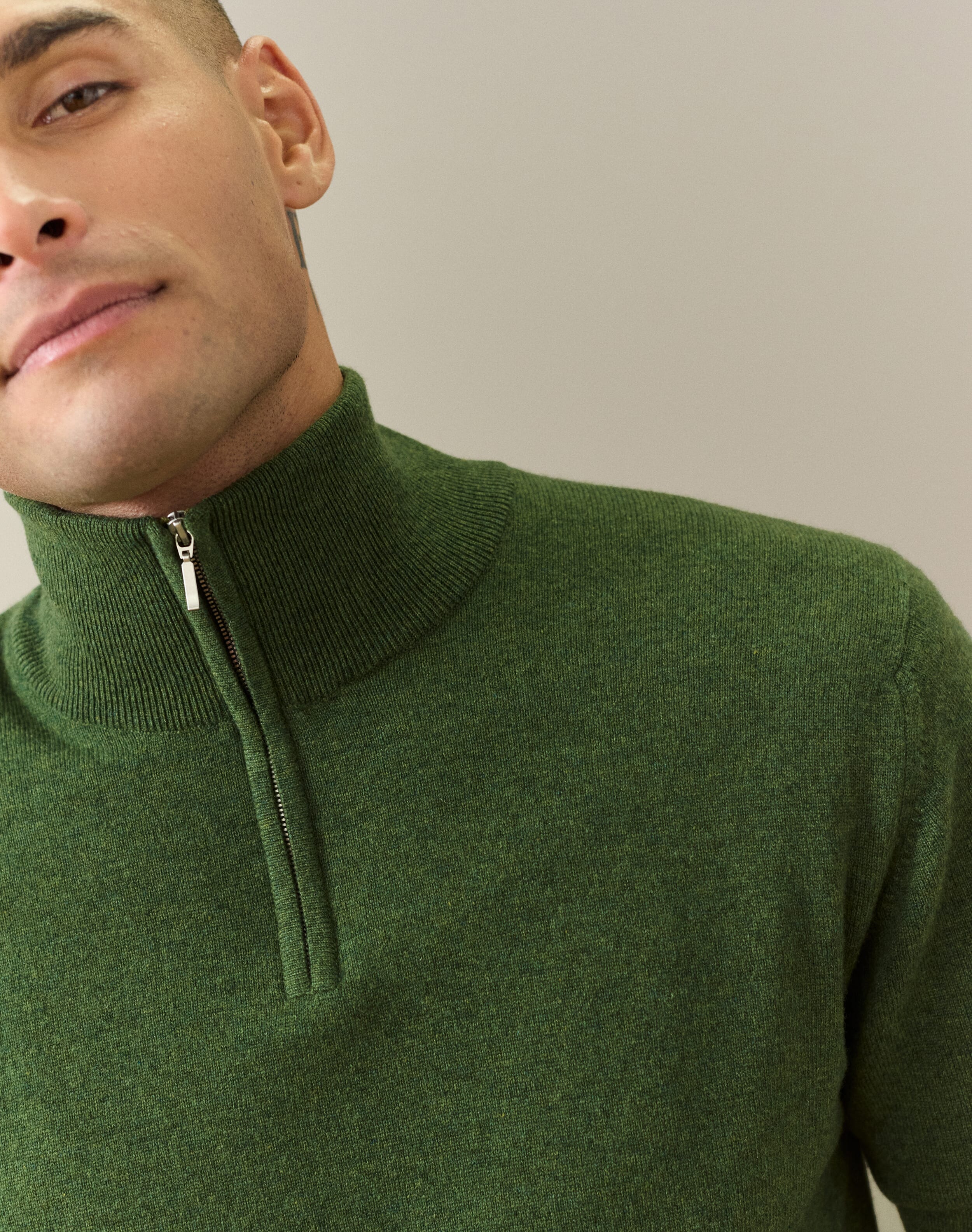 Men's Cashmere Zip Turtle Neck Cardigan in Tarragon | Brora