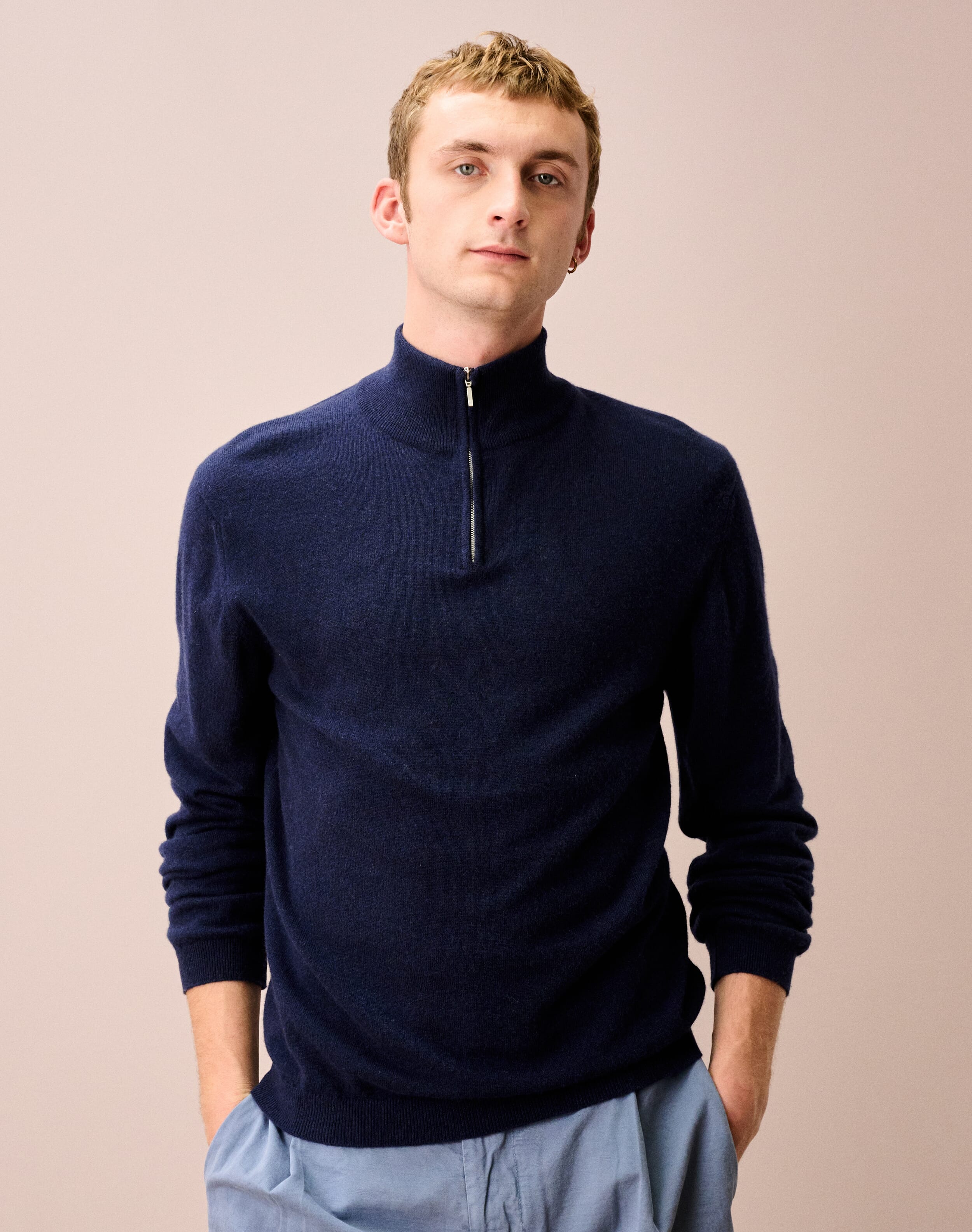Men's Scottish Cashmere Zip Turtle Neck Cardigan in French Navy
