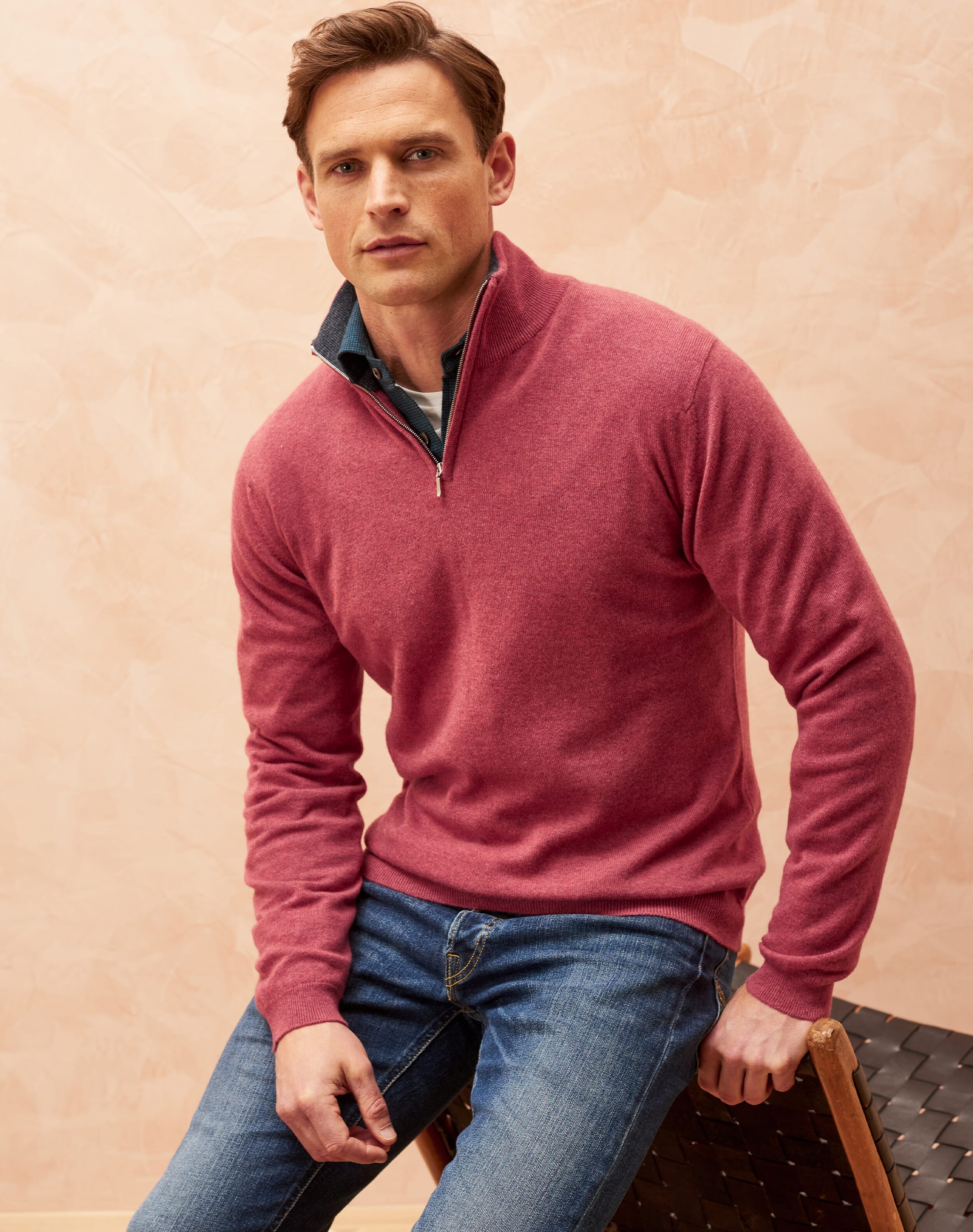 Brora Cashmere Zip Turtle Neck Jumper Pomegranate