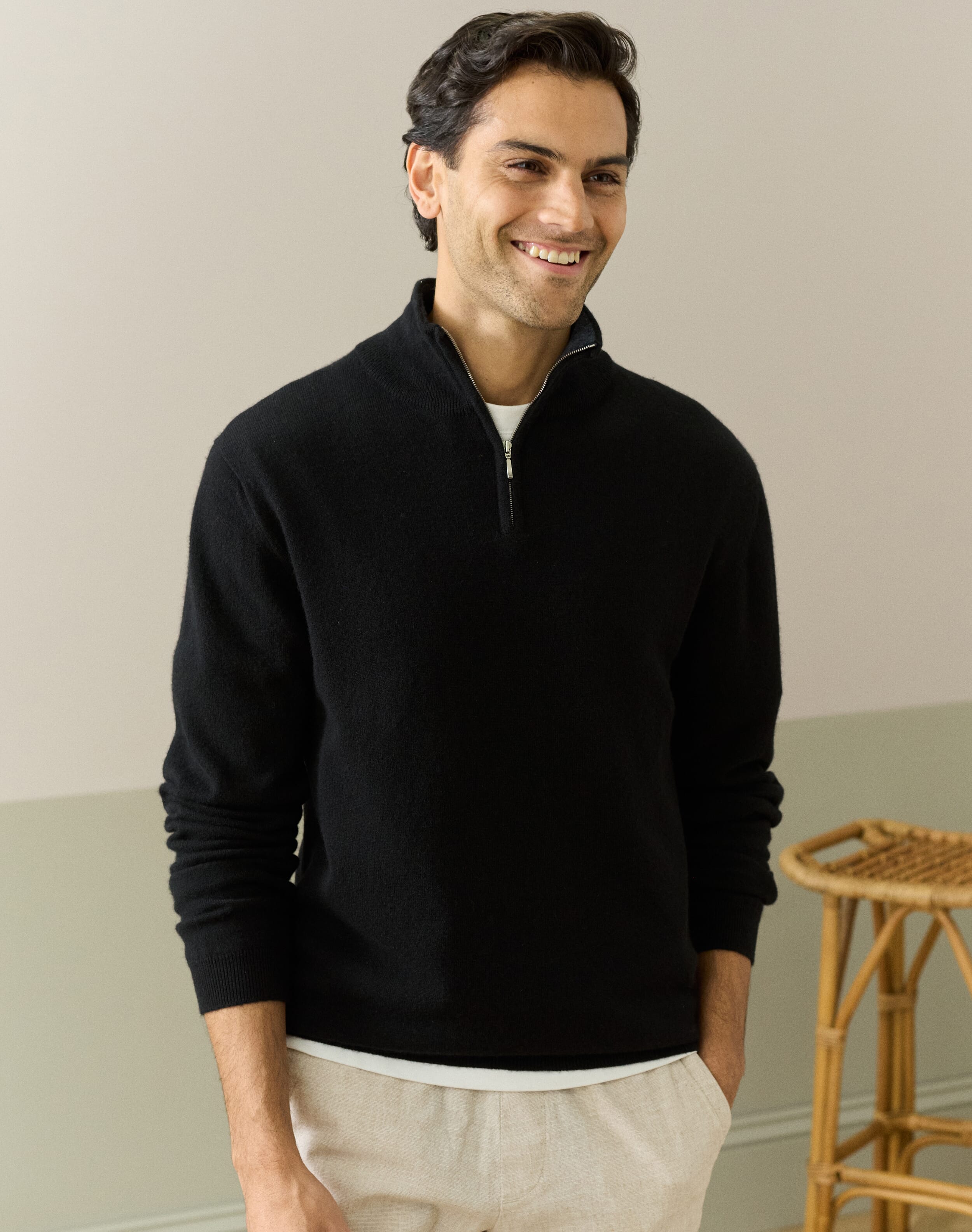 Black Cashmere Zip Turtle Neck Jumper | Men's Jumpers | Brora