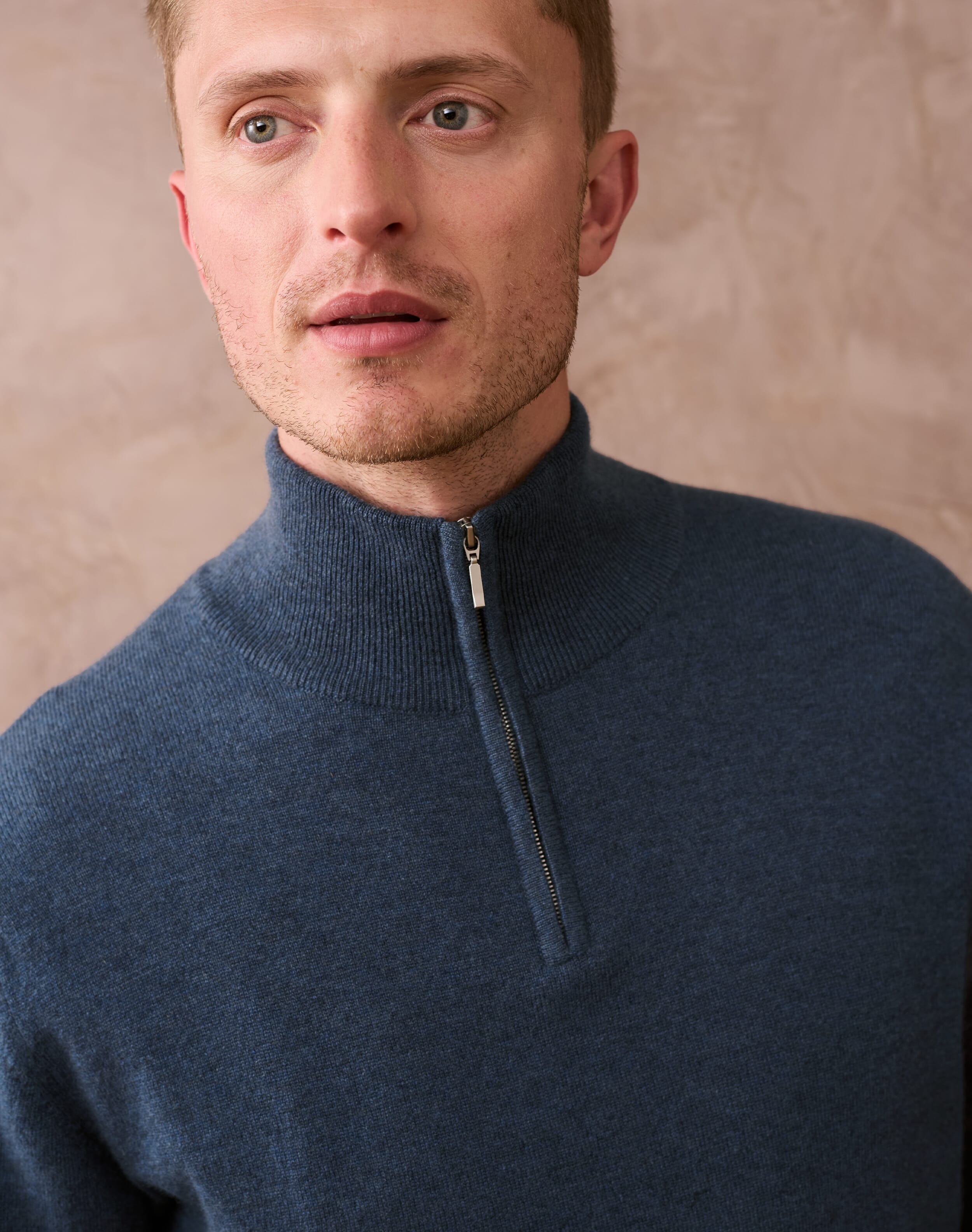 Navy Cashmere Zip Turtle Neck Jumper | Men's Jumpers | Brora