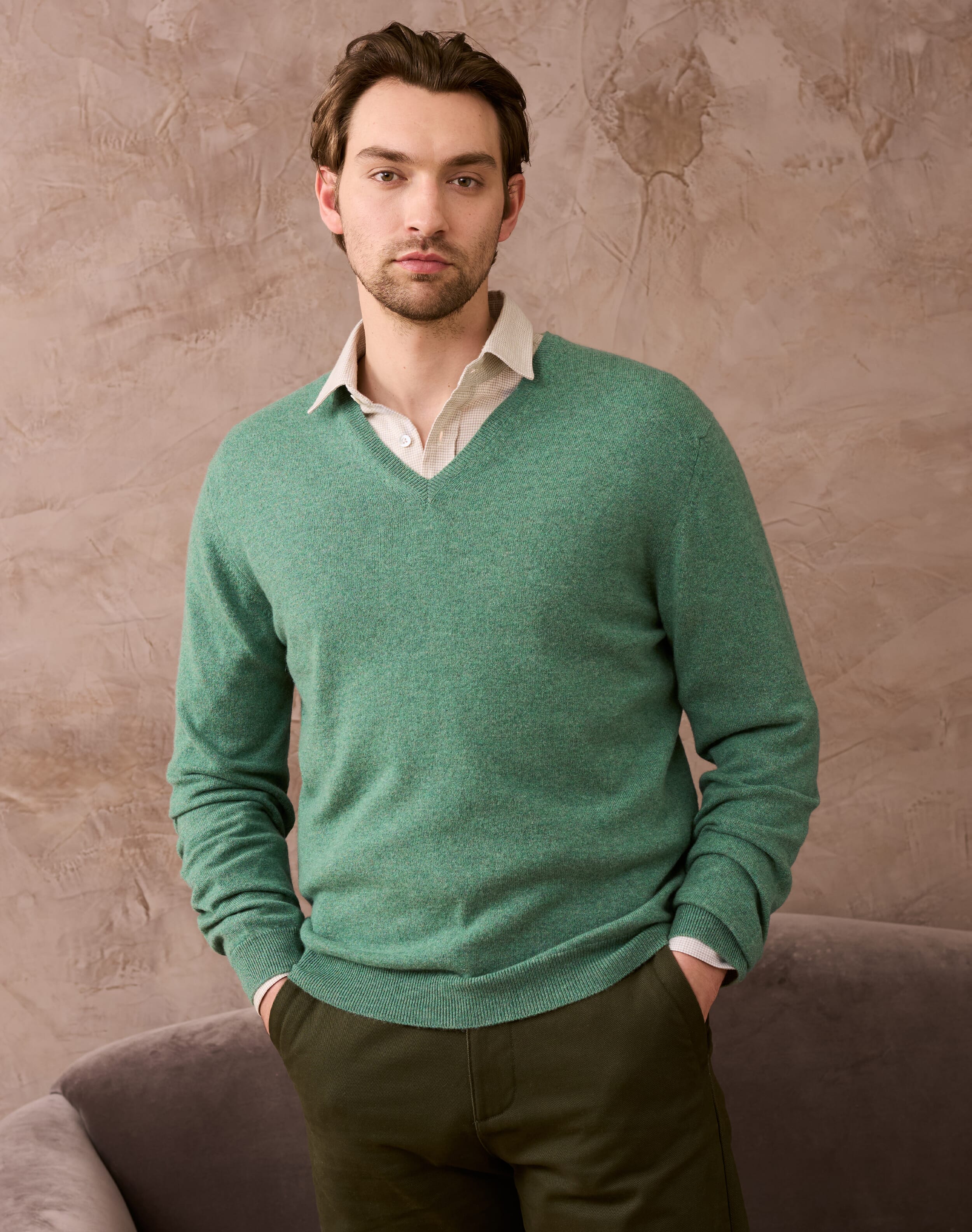 Cashmere Fine V Neck Jumper Thyme