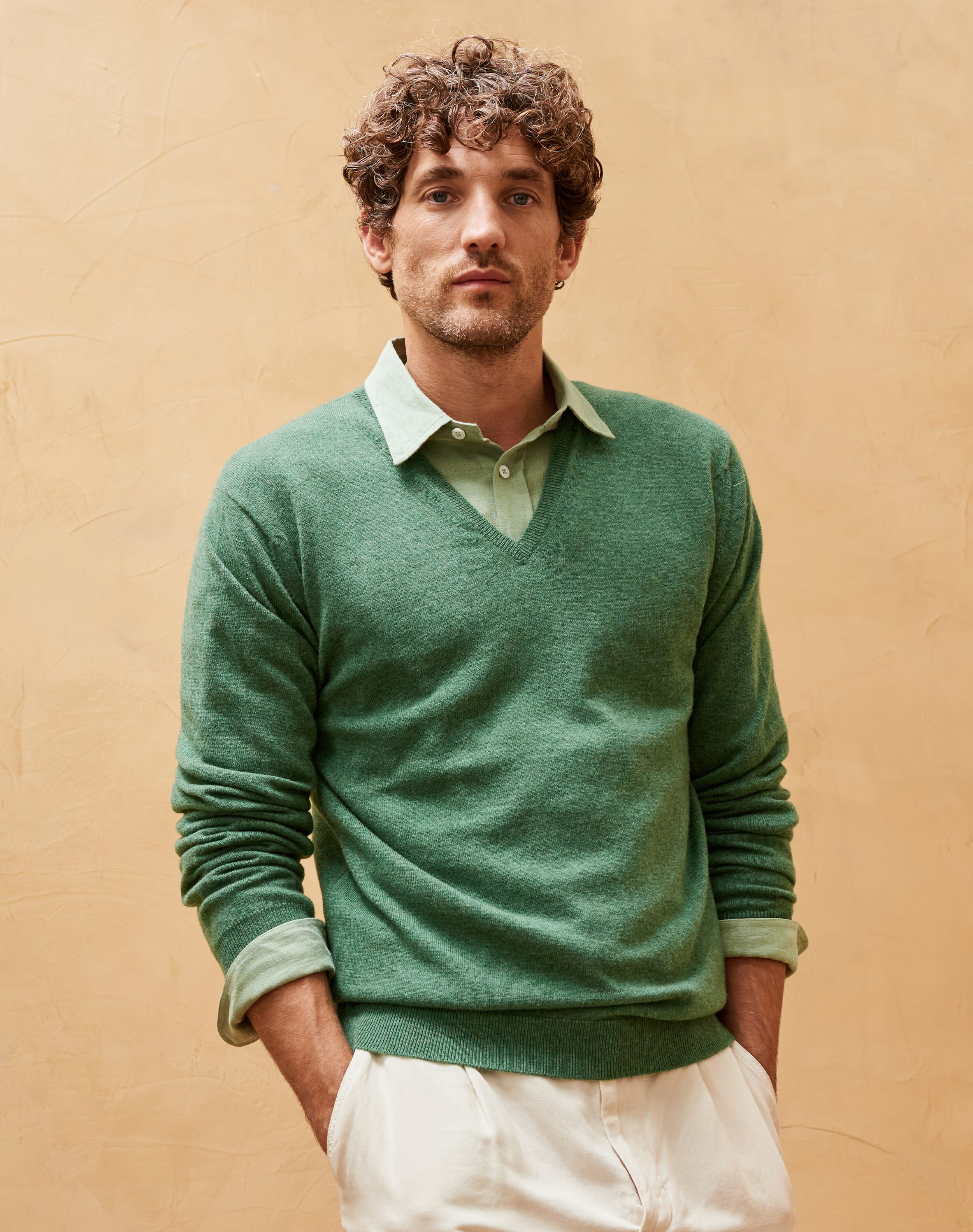 Brora Cashmere Fine V Neck Jumper Leaf