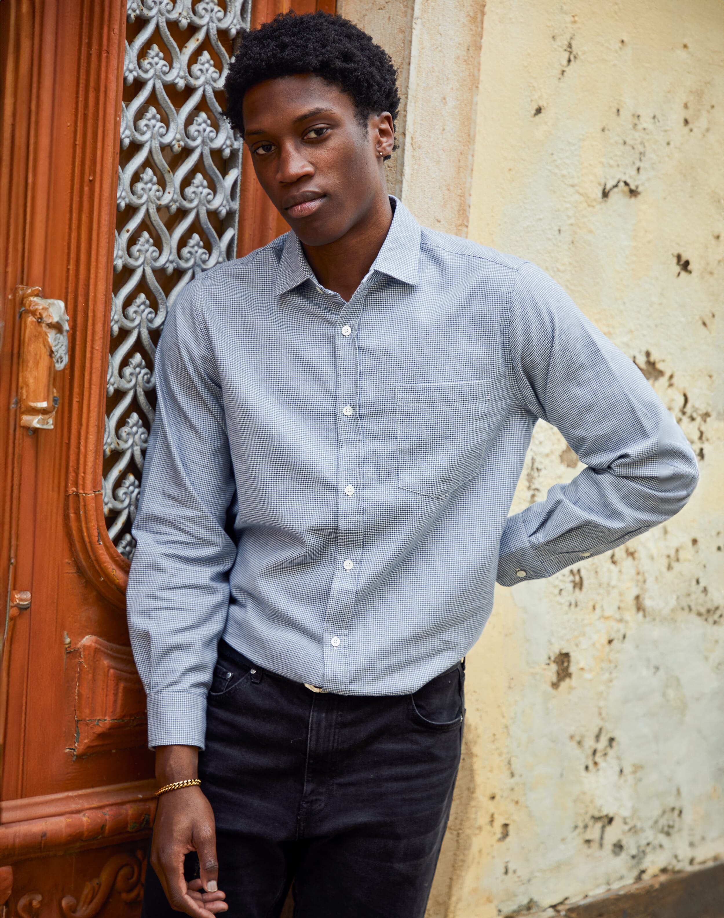 Brora Brushed Cotton Houndstooth Shirt Indigo