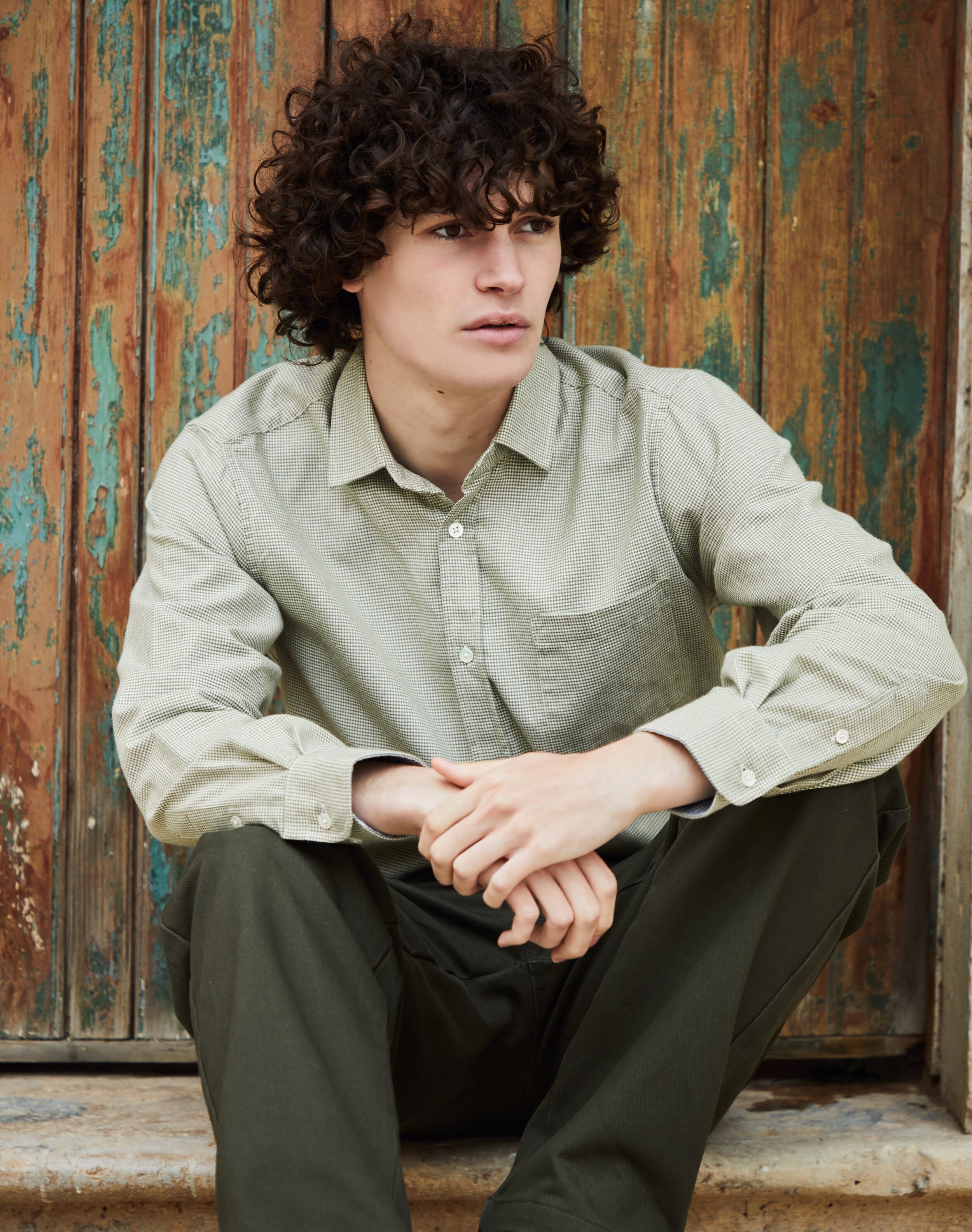 Brora Brushed Cotton Houndstooth Shirt Moss