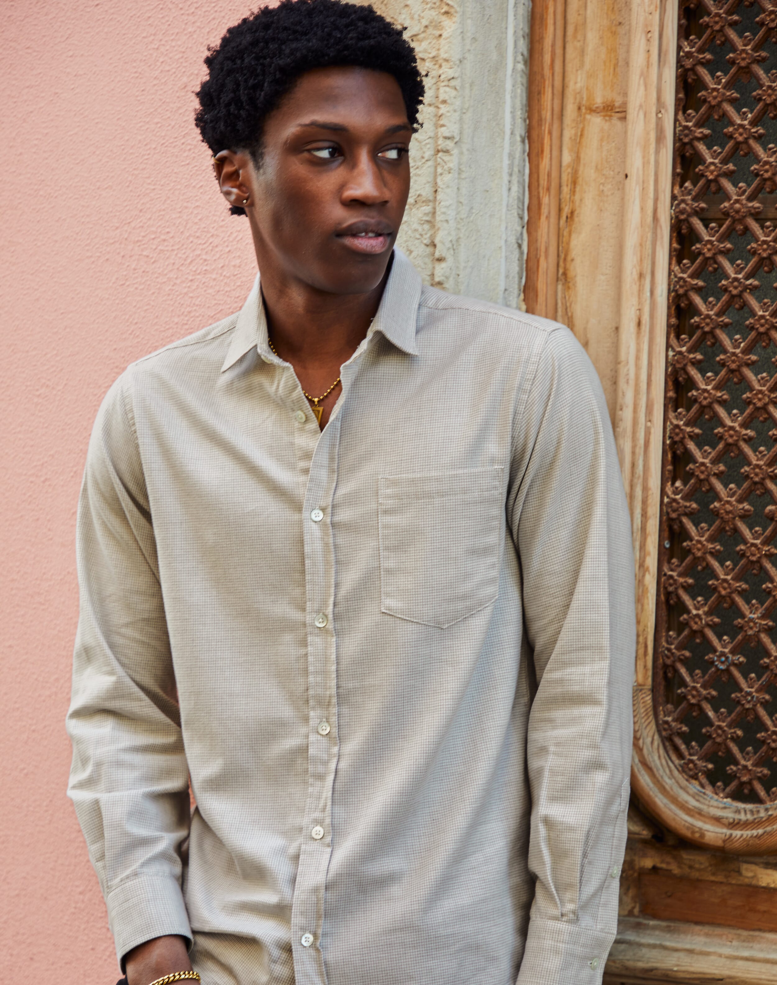 Brora Brushed Cotton Houndstooth Shirt Oatmeal