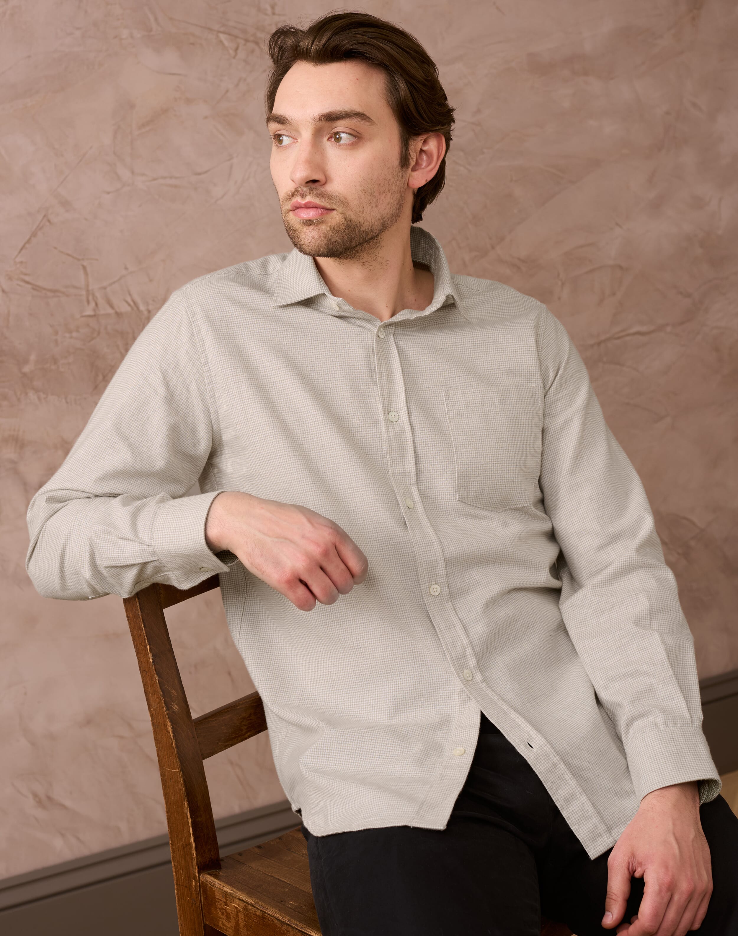 Brora Brushed Cotton Houndstooth Shirt Oatmeal for Men  - Size: XXL
