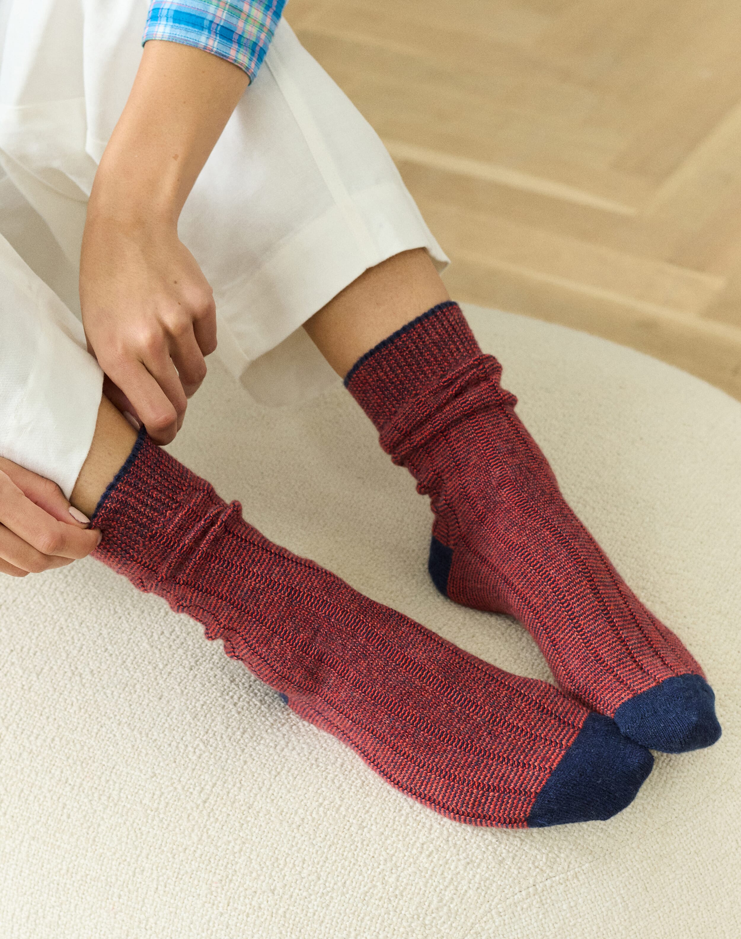 Brora Women's Cashmere Stripy Socks French navy & clementine  - Size: 4-5