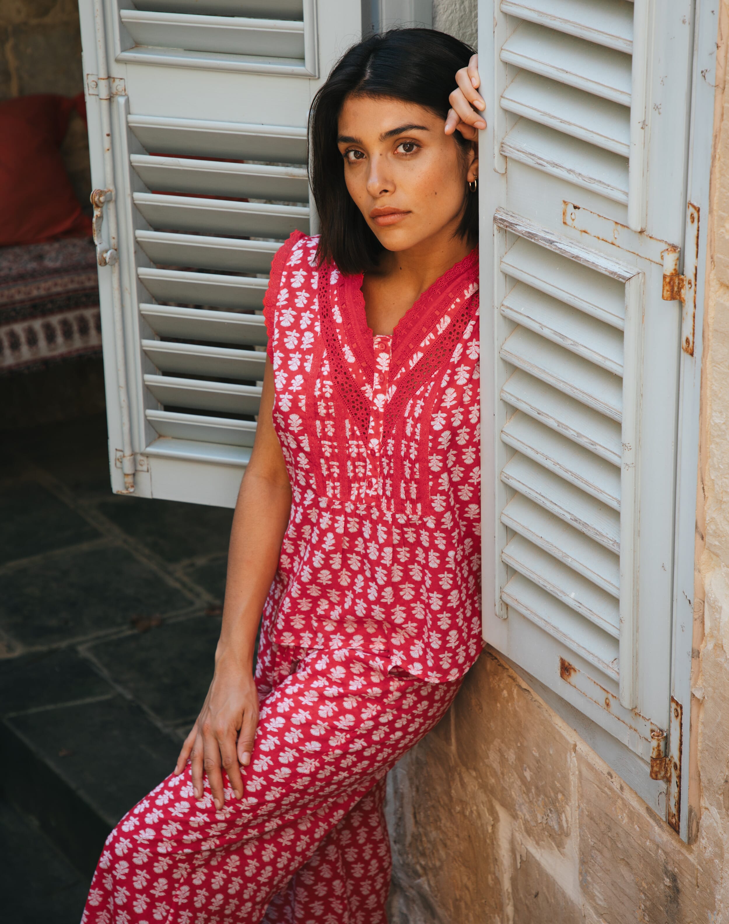 Brora Organic Cotton Block Print Pyjamas Cherry & white  - Size: 12-14