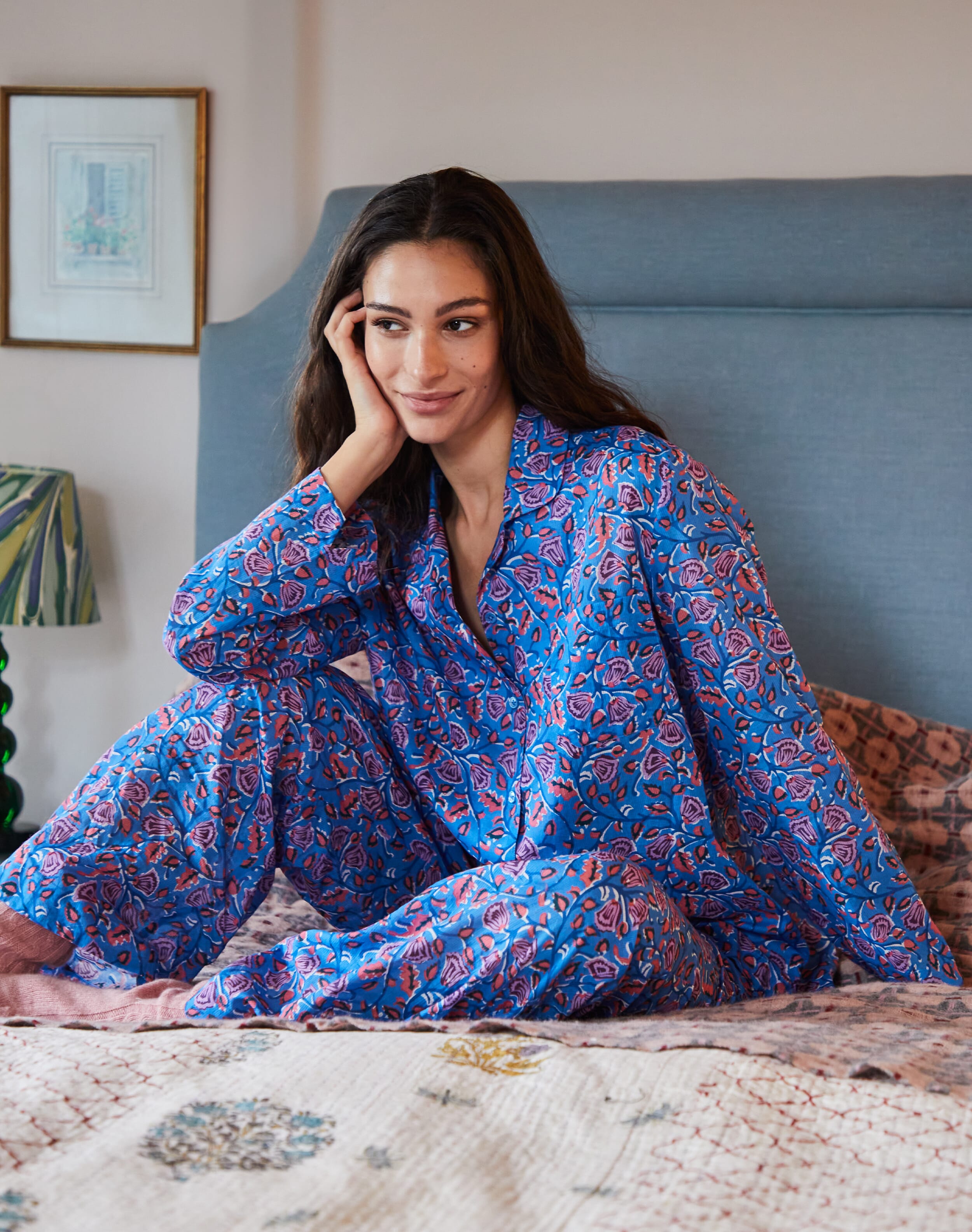 Brora Organic Cotton Block Print Pyjamas Sky heather