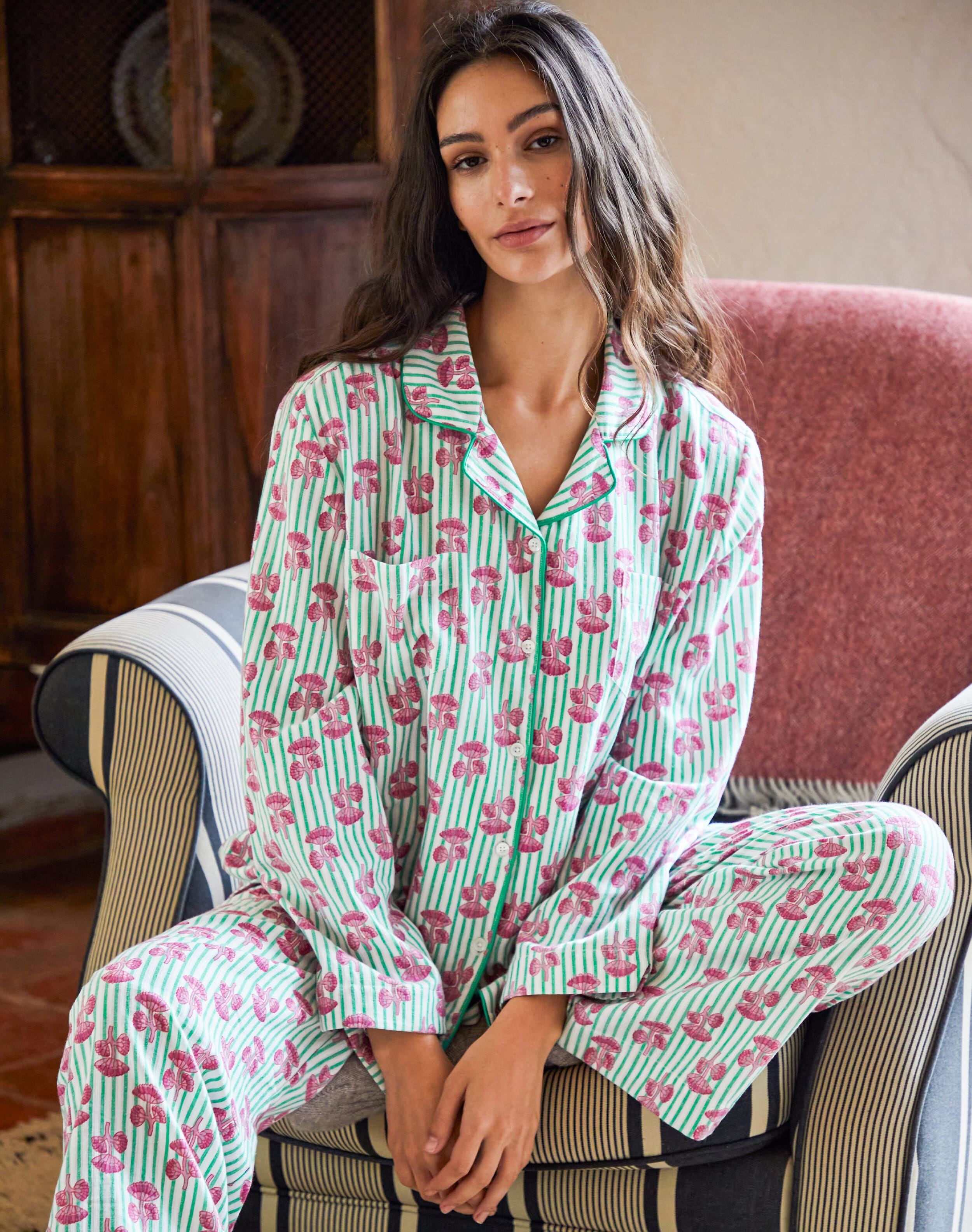 Floral Stripe Cotton Pyjamas Malachite rhubarb