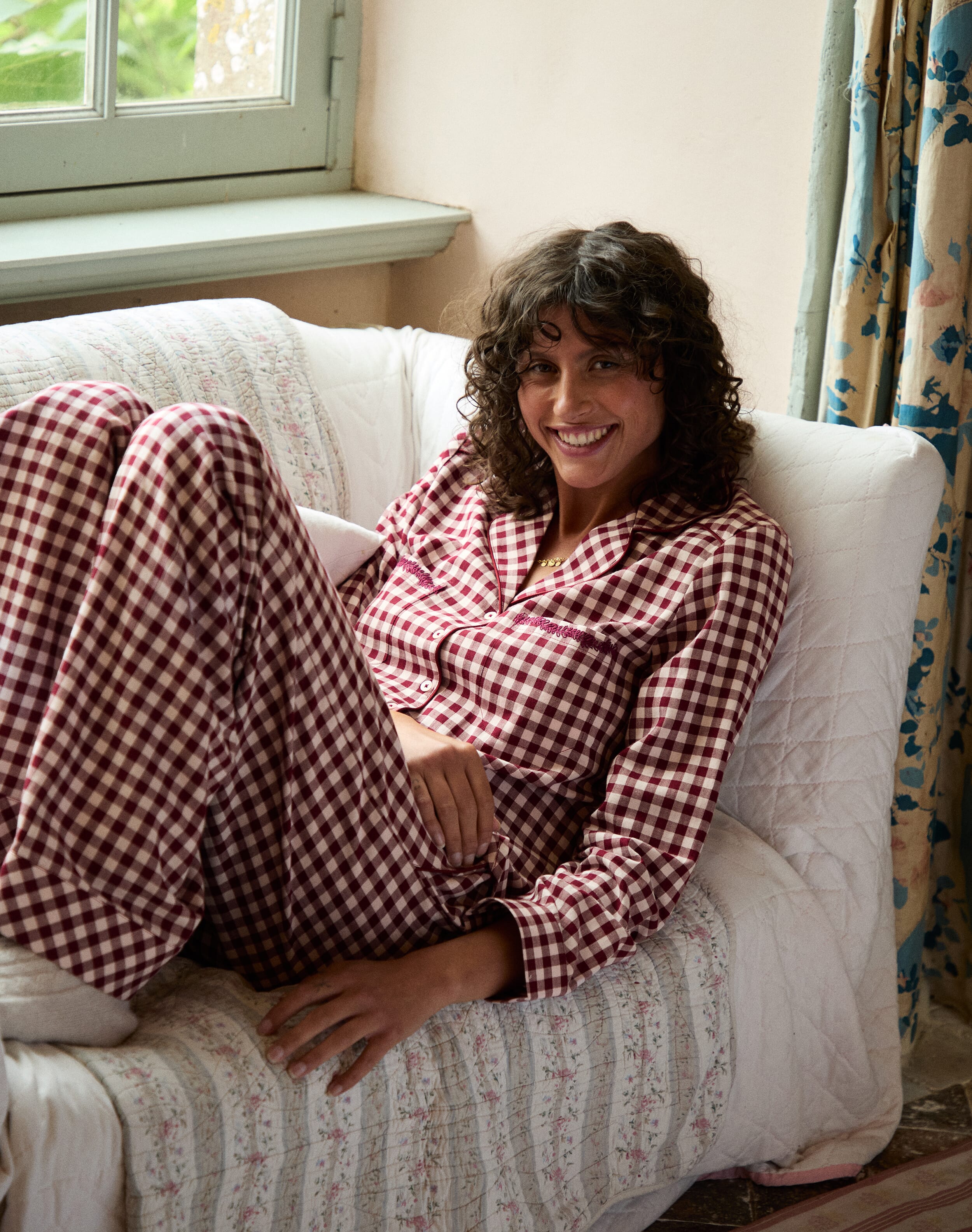 Brora Embroidered Cotton Gingham Nighty Mulberry & shell