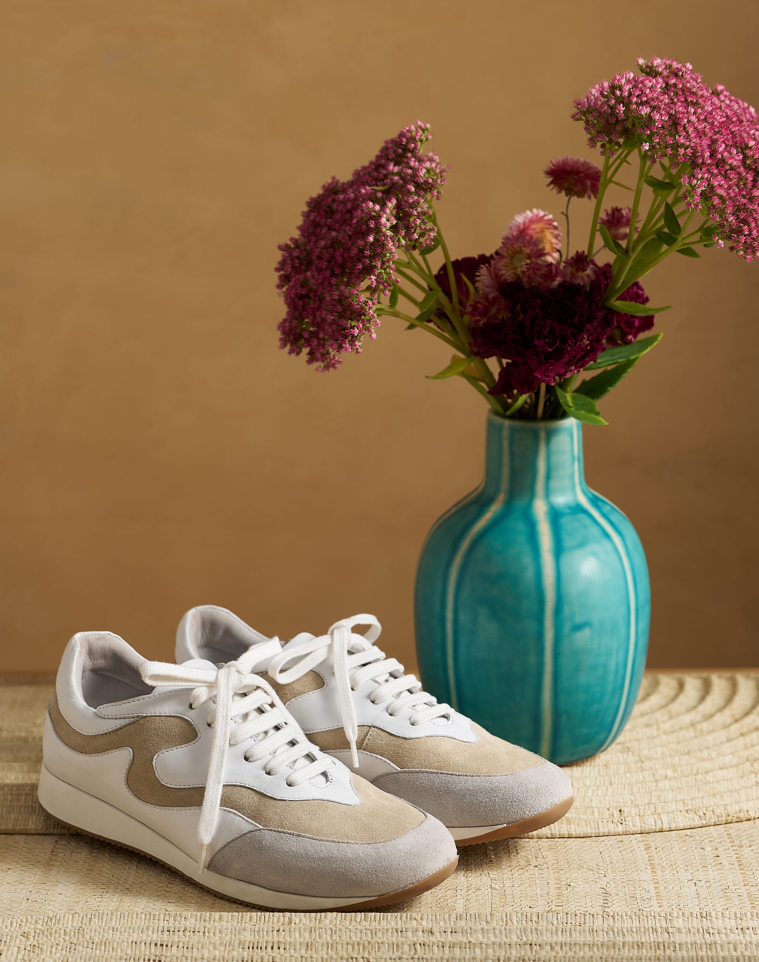 Leather & Suede Patchwork Trainers White & ecru