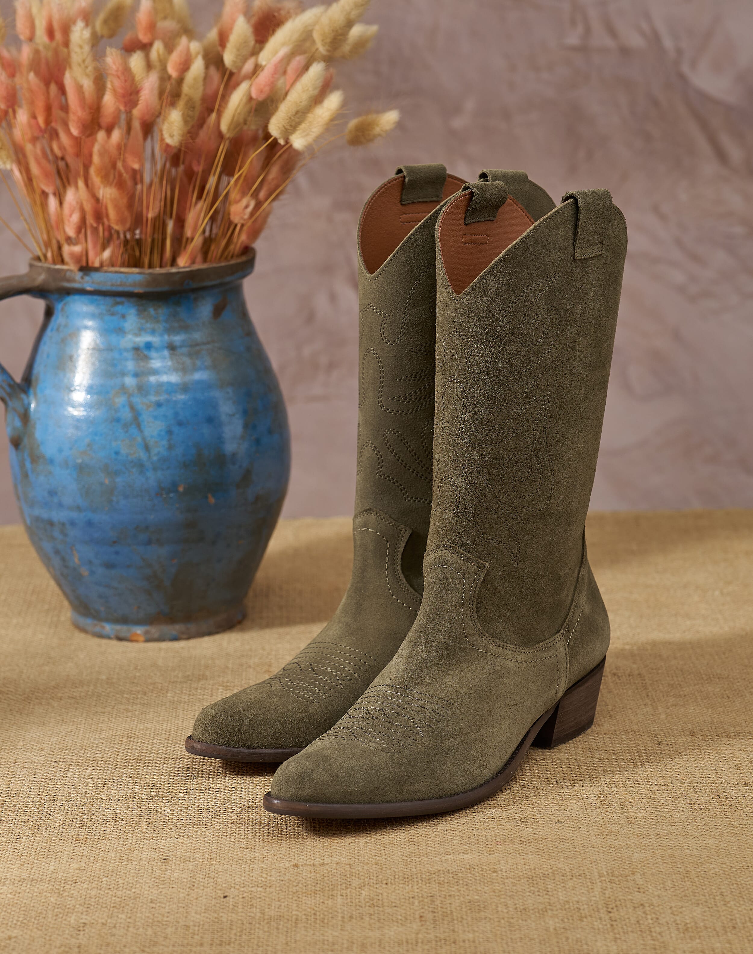 Suede Cowboy Boots Olive