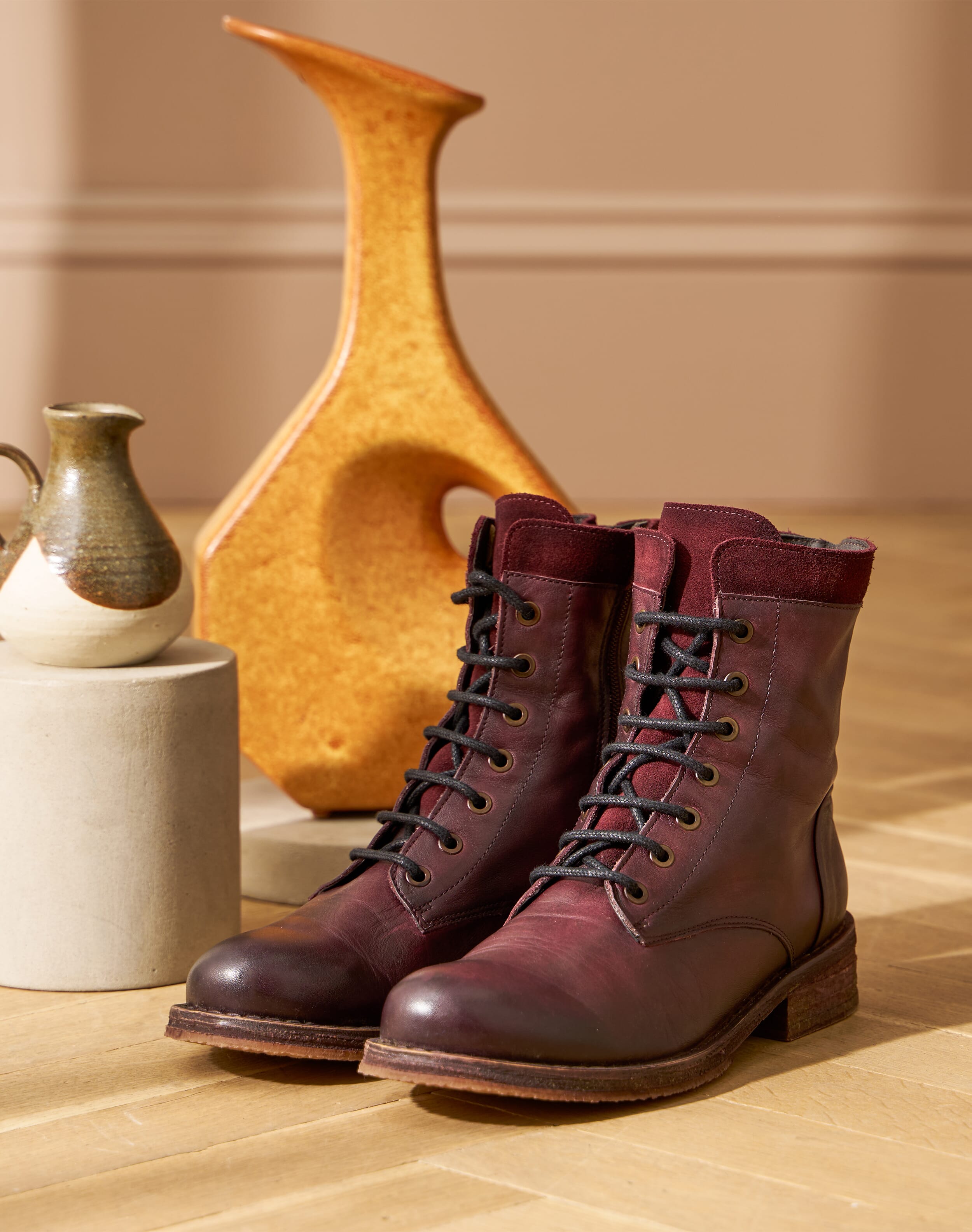 Brora Leather Lace Up Boots Berry