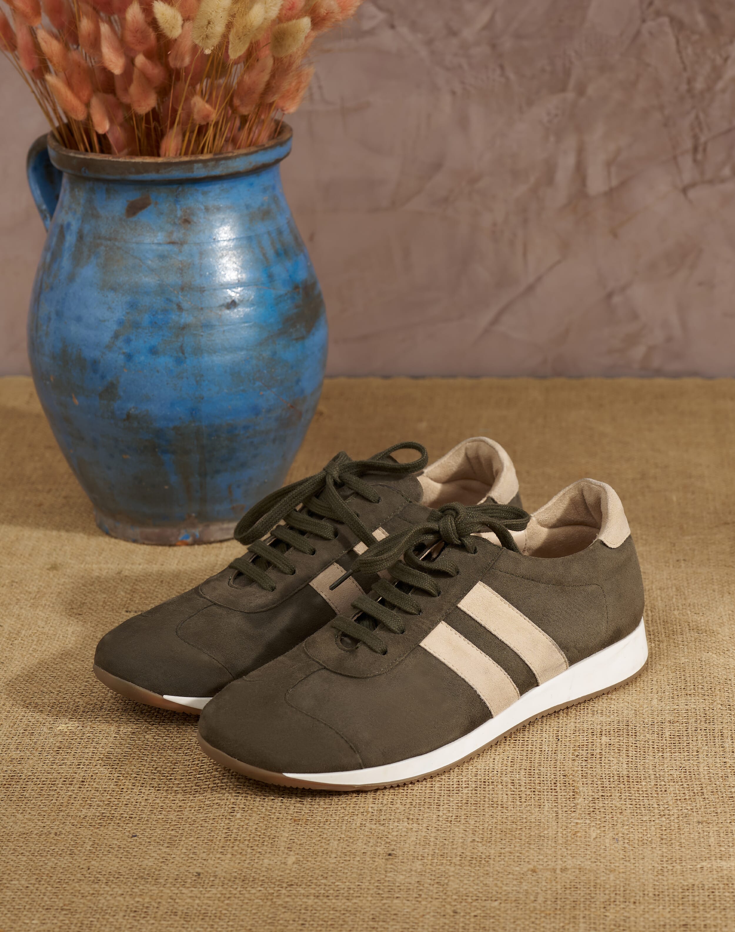 Brora Suede Stripe Trainers Olive ecru