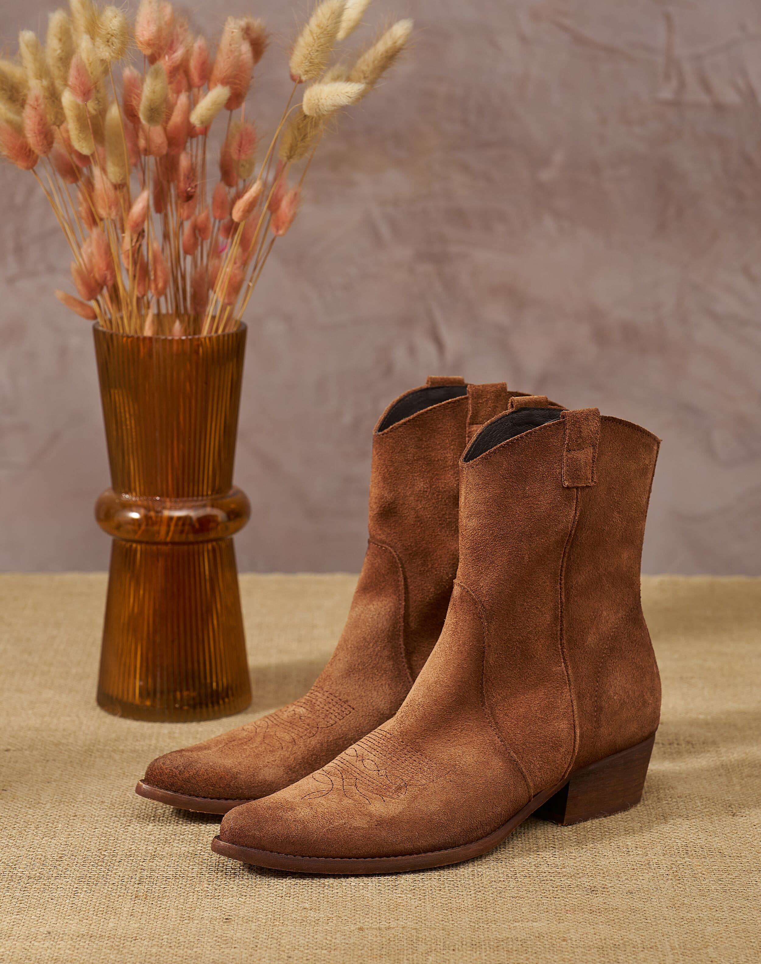 Brora Suede Western Ankle Boots Caramel