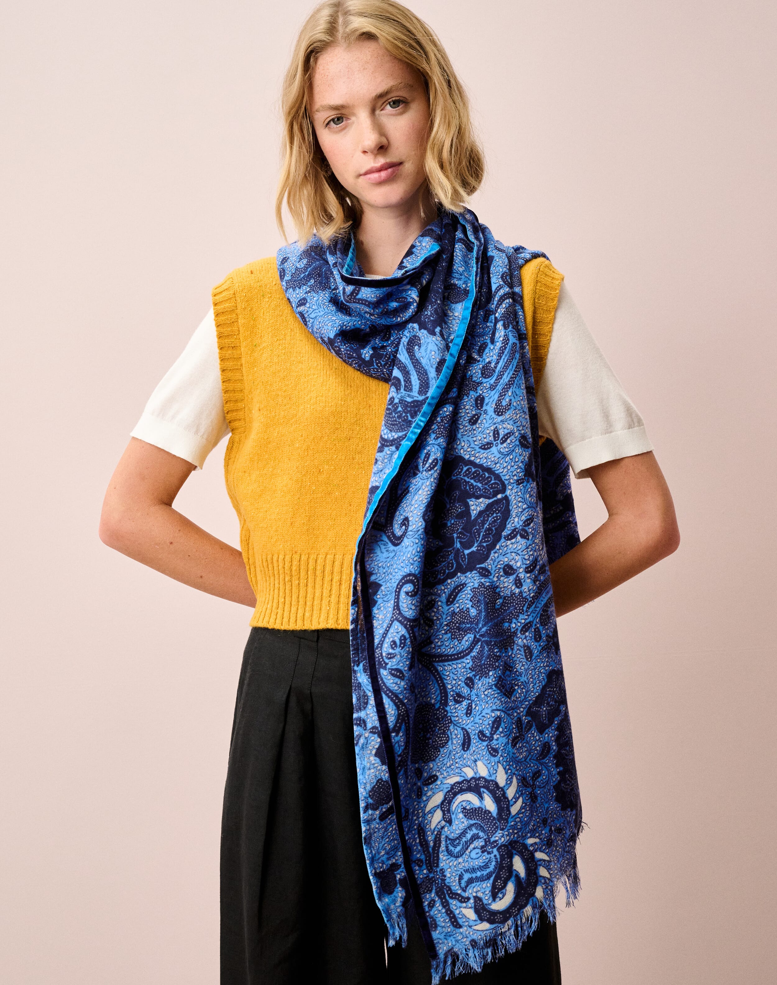 Brora Velvet Trim Botanic Wool Stole Cornflower & navy