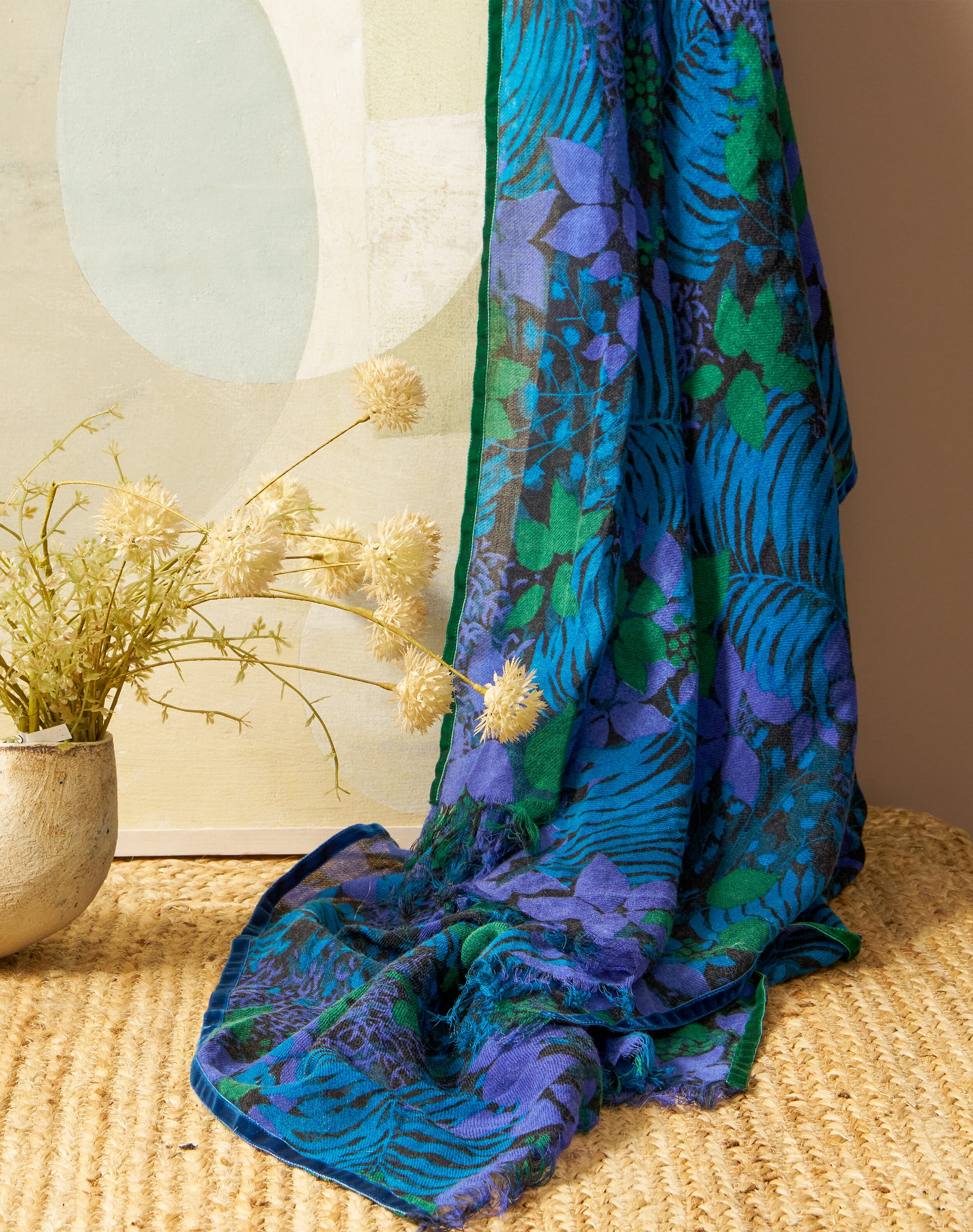 Brora Velvet Trim Botanic Wool Stole & wedgewood - 5