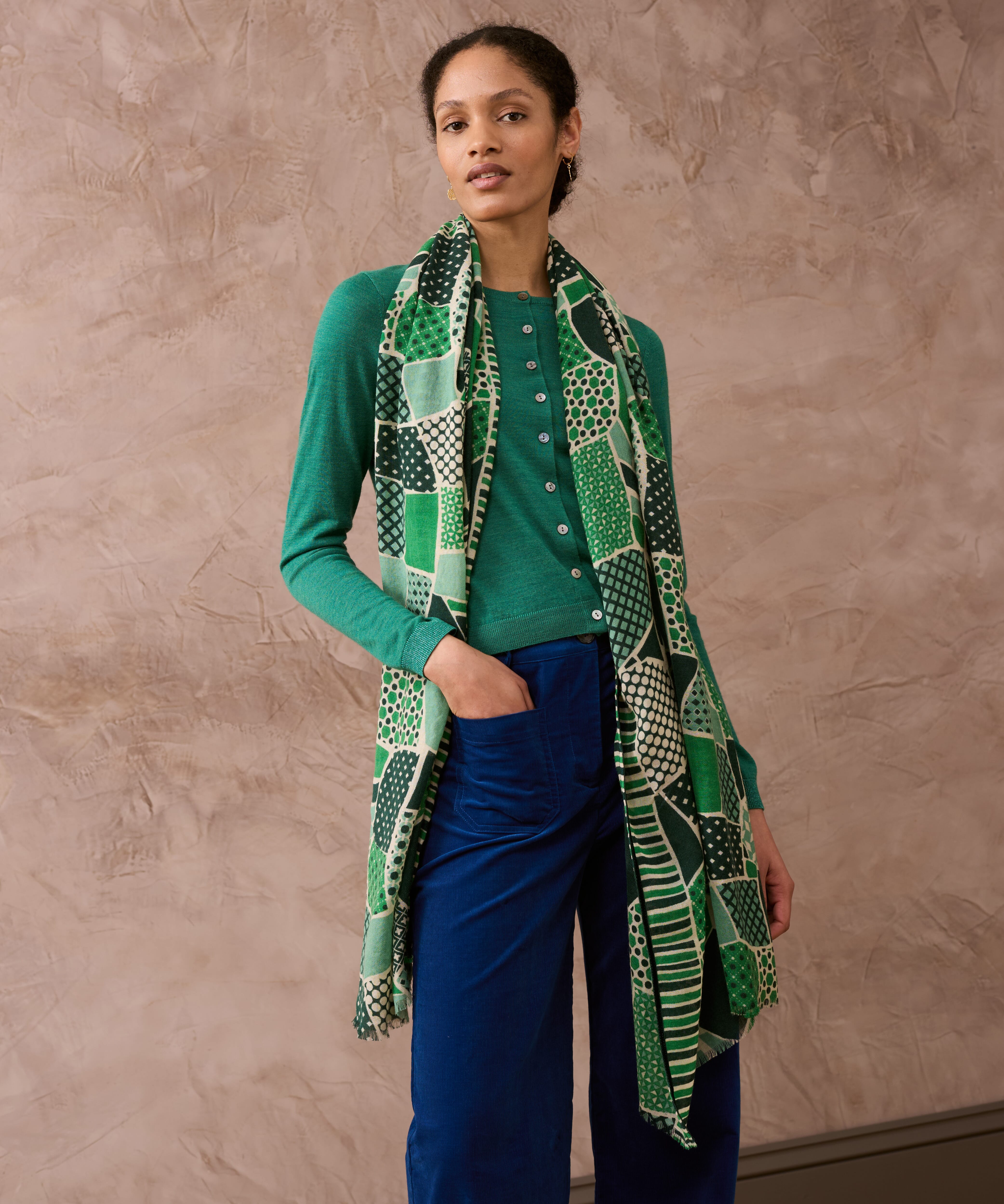 Brora Patchwork Wool Stole Forest malachite