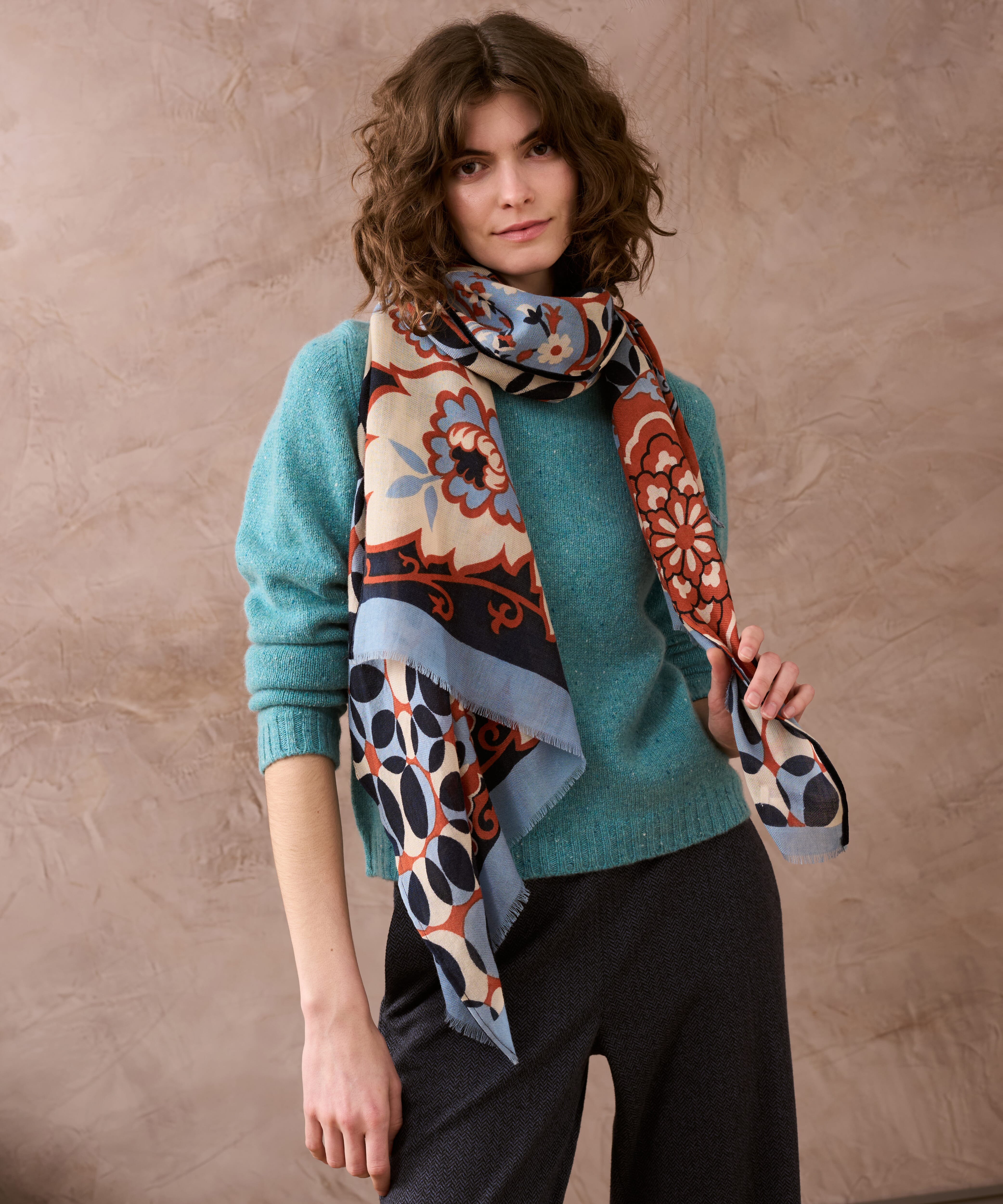 Brora Wool Graphic Print Stole & periwinkle
