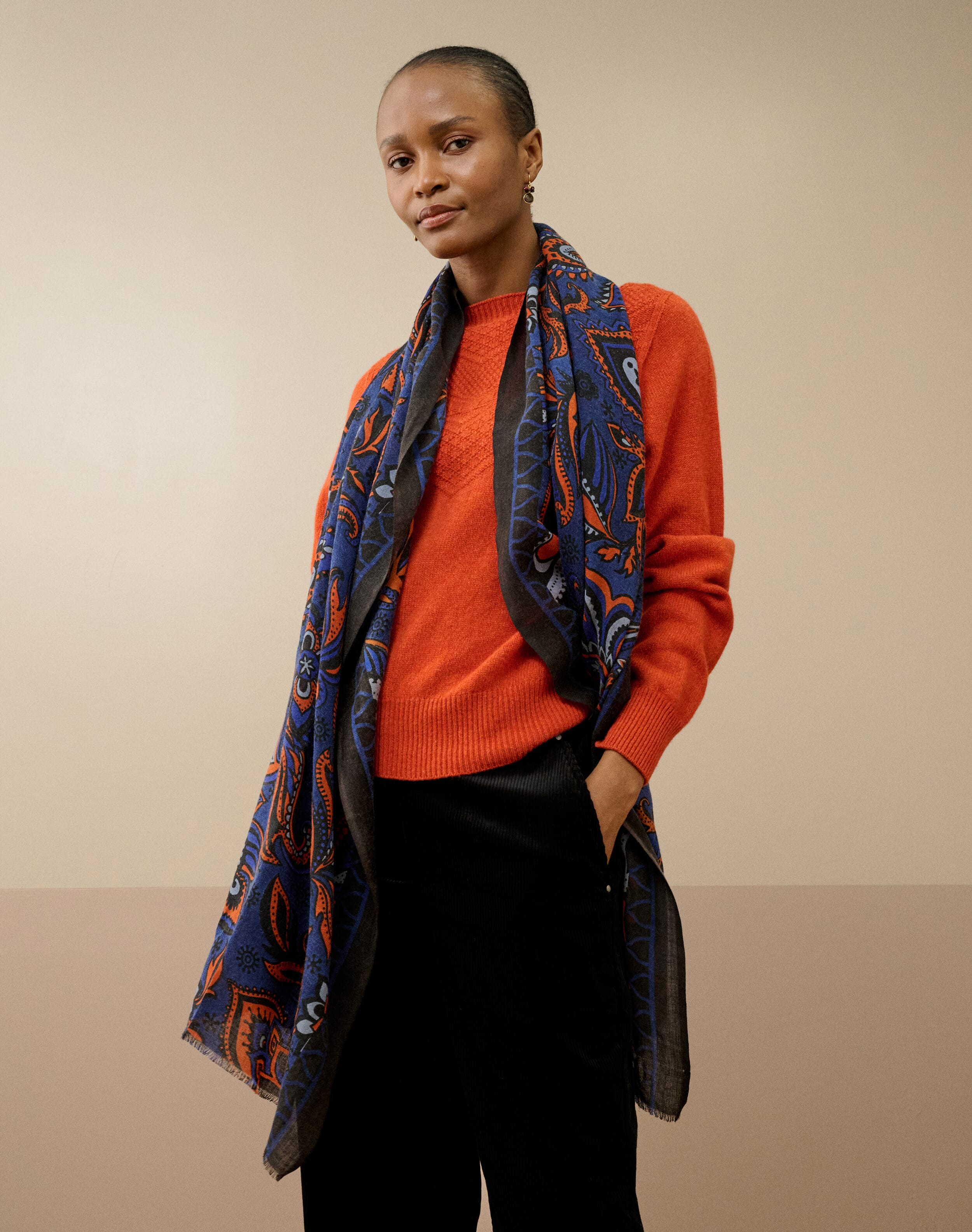 Brora Velvet Trim Botanic Wool Stole & wedgewood - 10