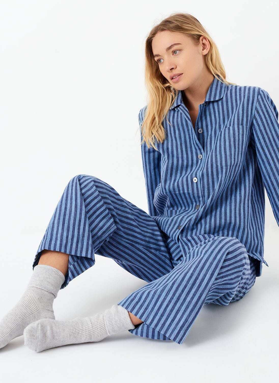 Women's Brushed Cotton Pyjama Bottoms, Cosy Blue and White Stripe