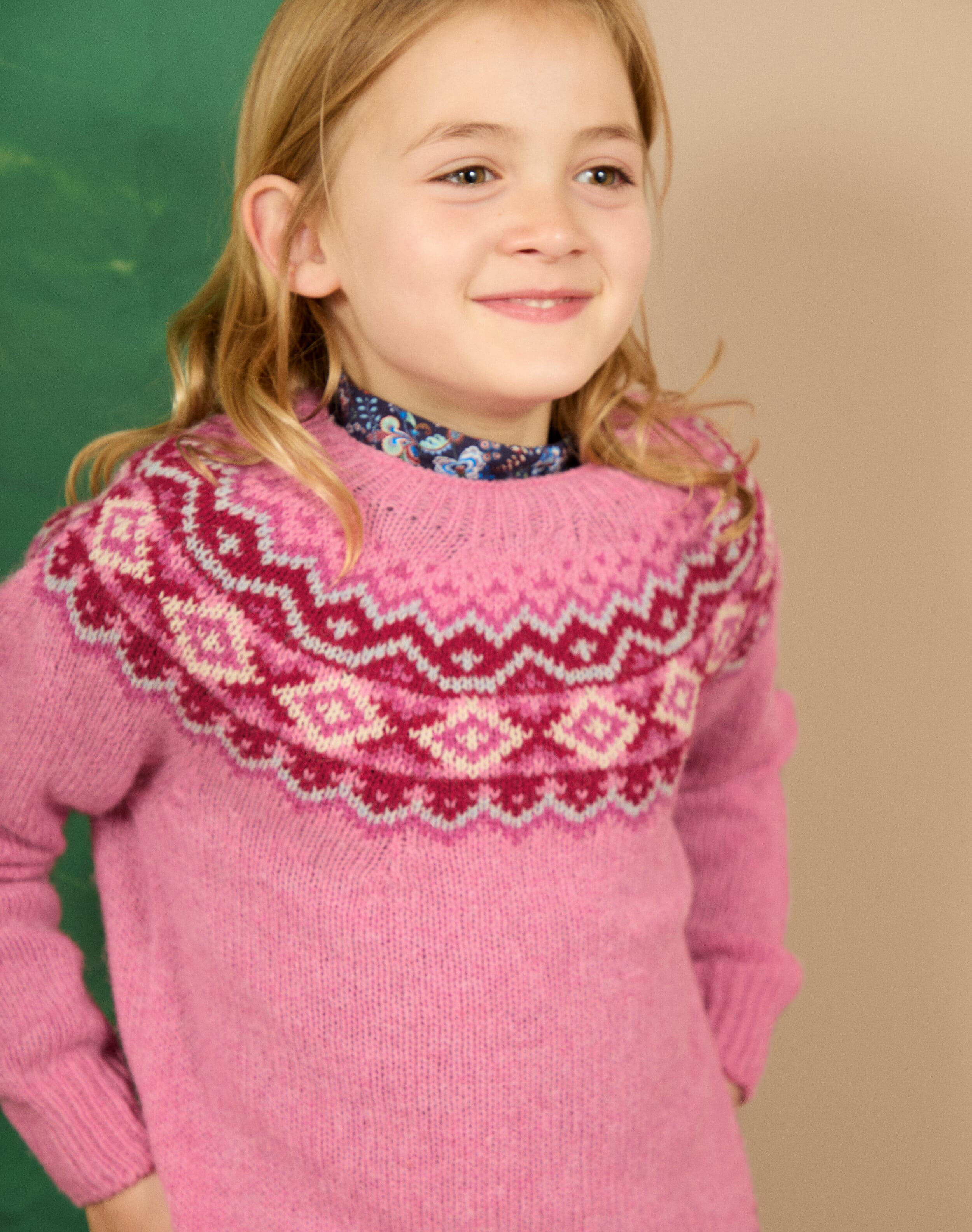 Brora Wool Fair Isle Yoke Jumper Carnation