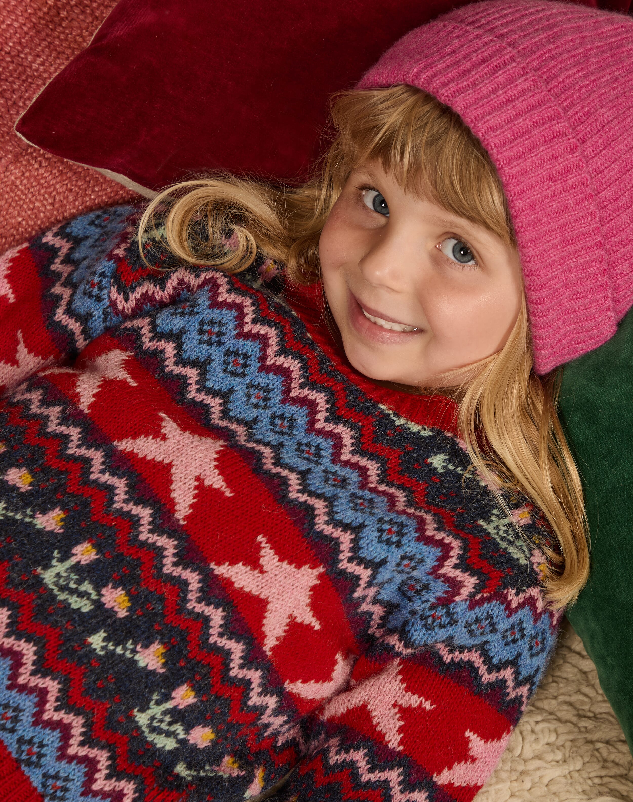 Brora Flower & Star Fair Isle Wool Jumper Poppy for Women  - Size: 1-2 Y