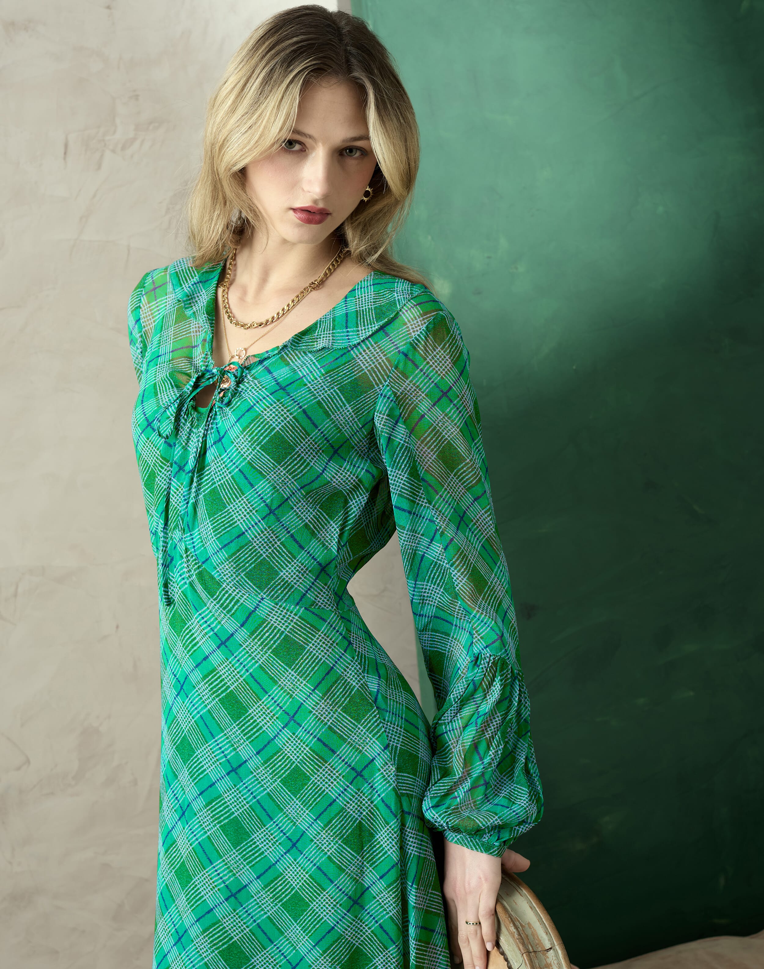 Brora The Check Keyhole Dress Emerald