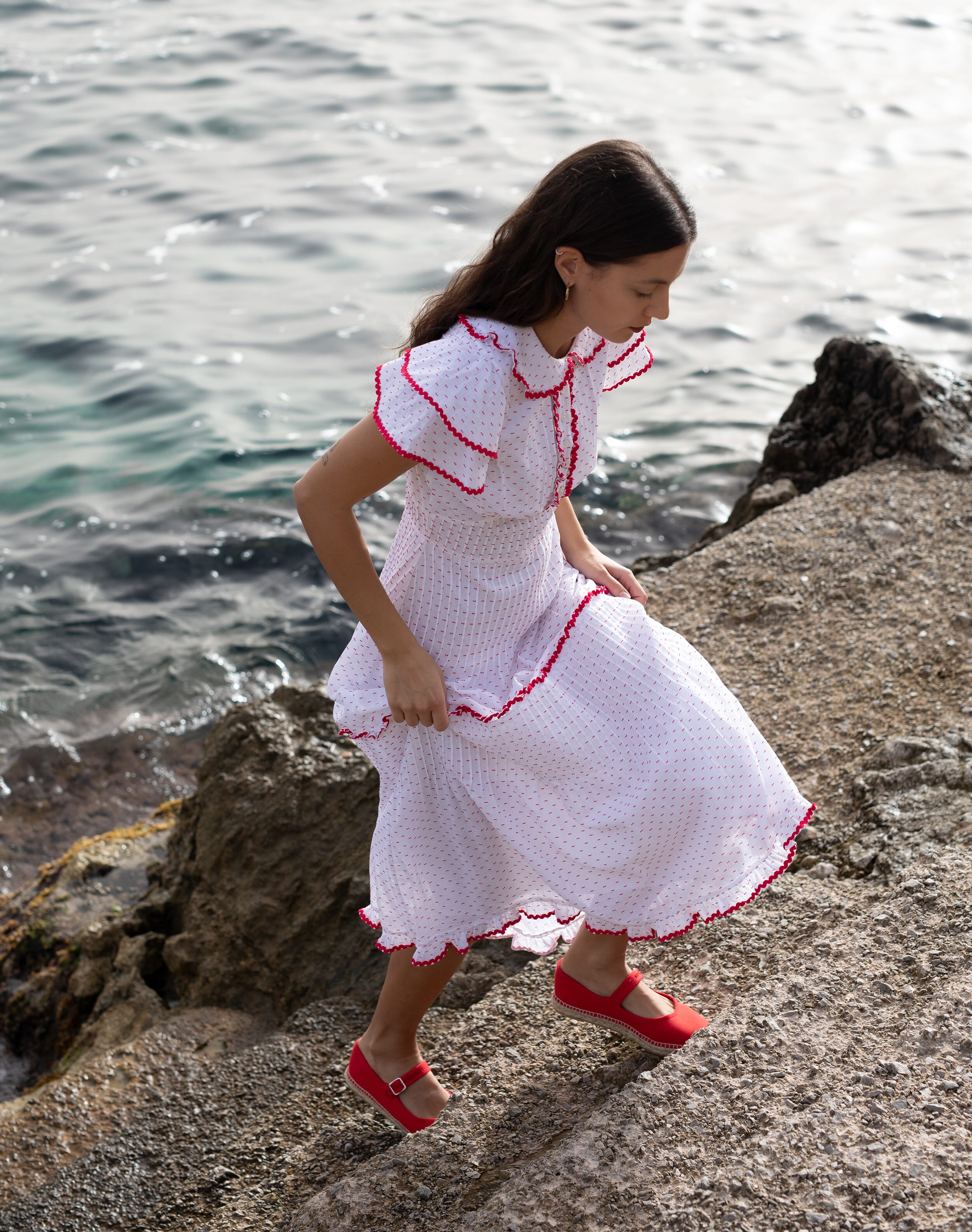 The Cotton Ric Rac Dress in White & Scarlet | Brora Clearance Event