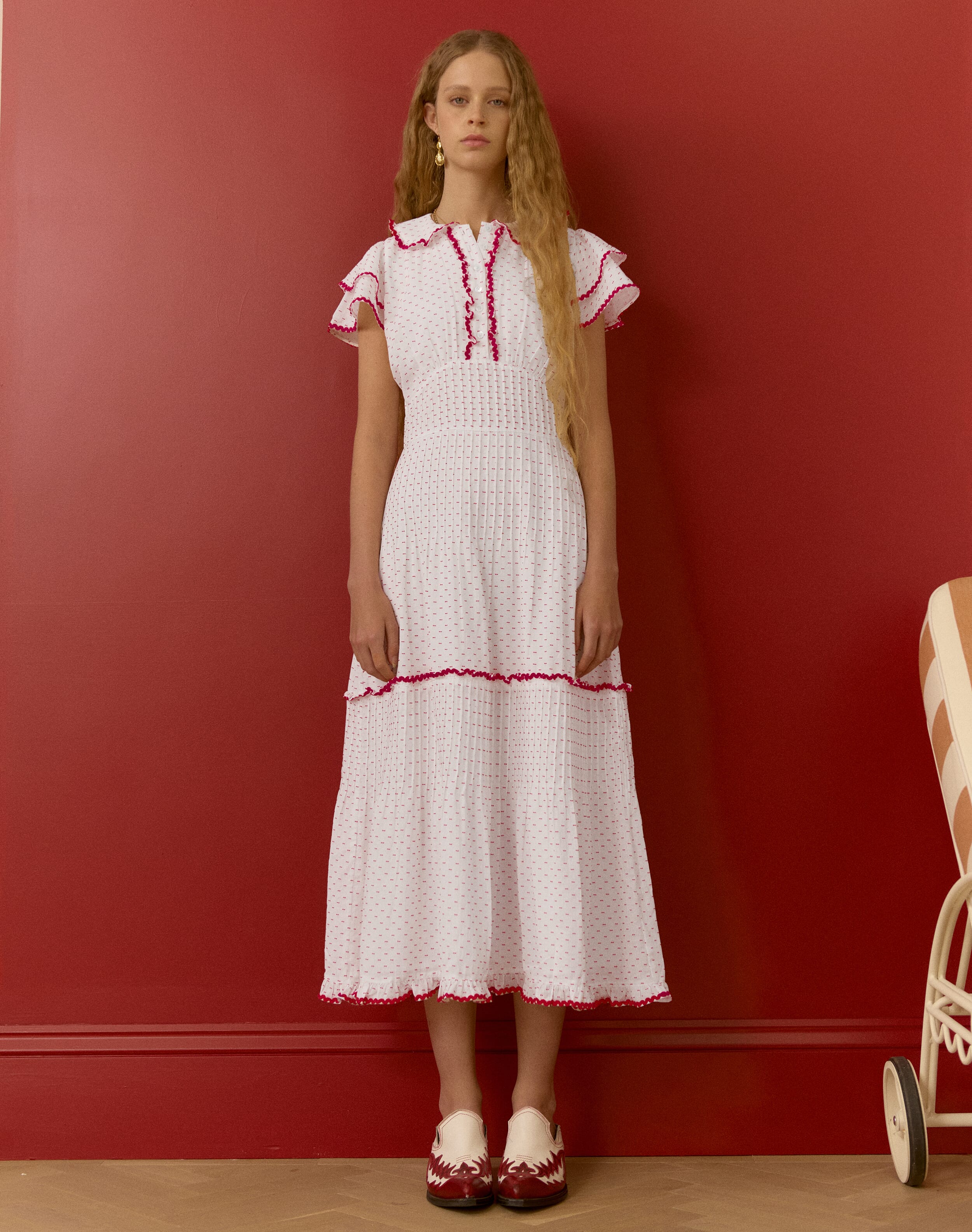 The Cotton Ric Rac Dress in White & Scarlet | Brora Clearance Event