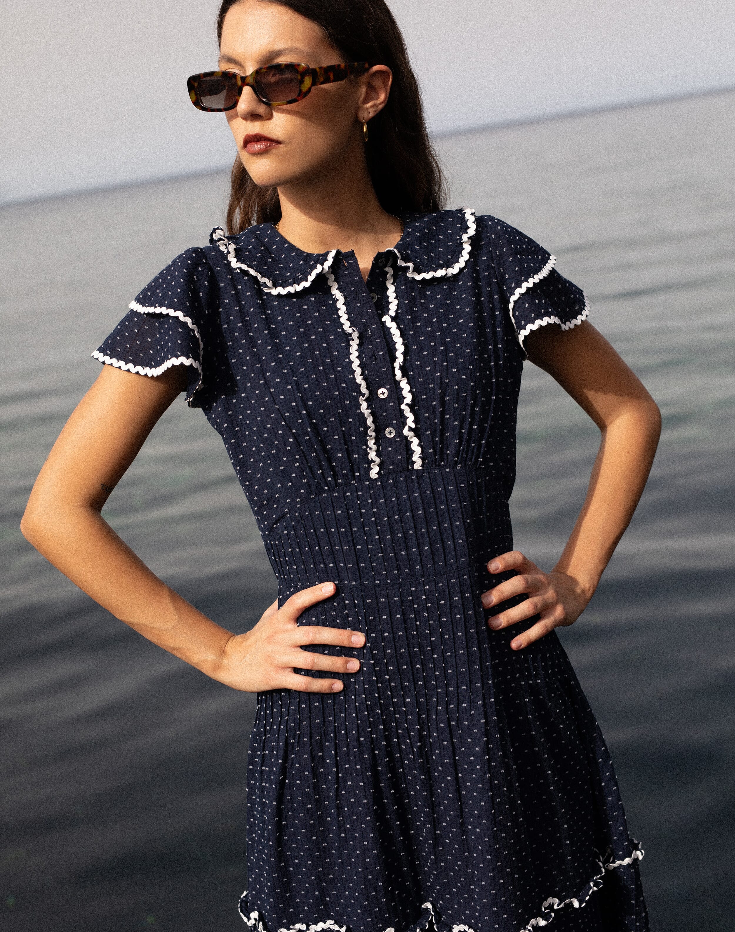 The Cotton Ric Rac Dress in Navy & White | Brora Clearance Event
