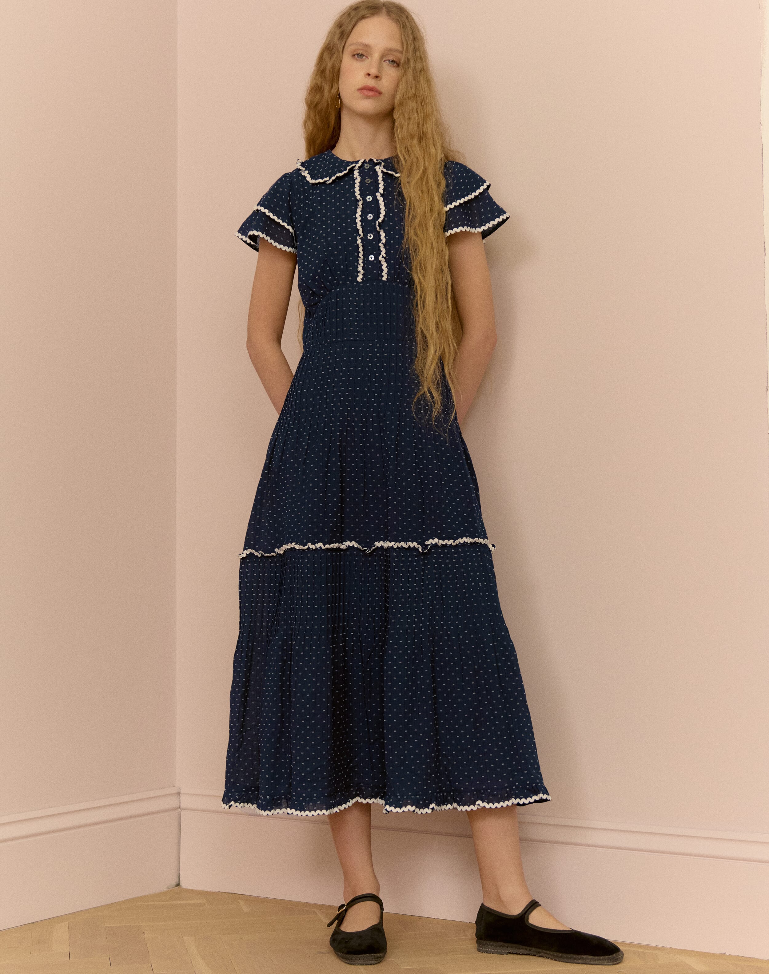 The Cotton Ric Rac Dress in Navy & White | Brora Clearance Event